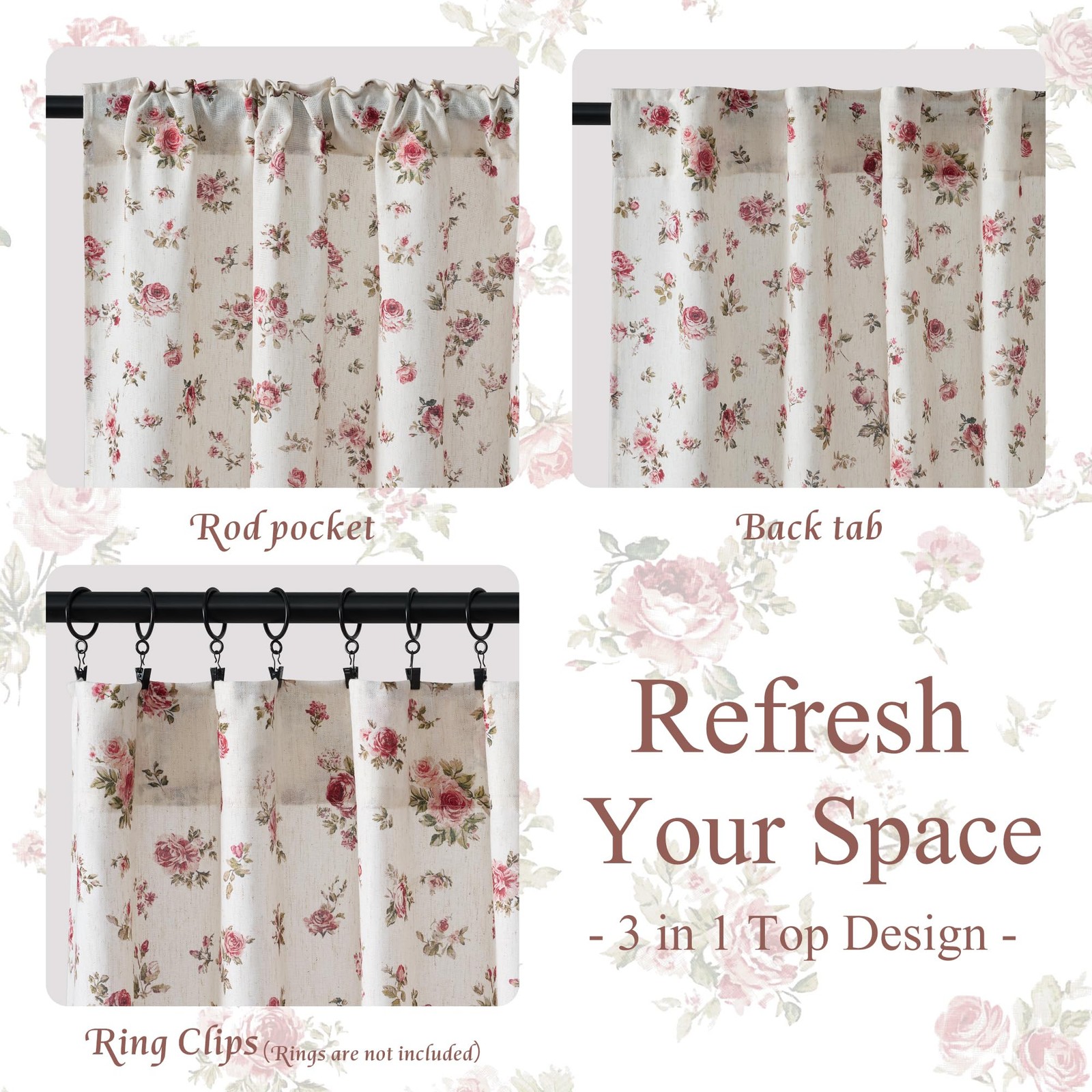 Floral Linen Curtains with Rose Pattern,Farmhouse Vintage Style Drapes with B…
