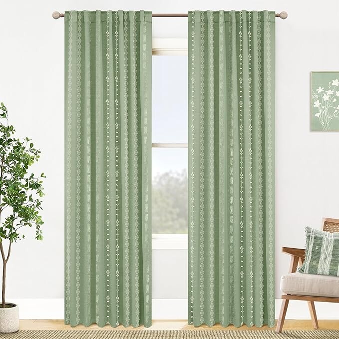Light Green Curtains Neutral Boho Sage Patterned Blackout set of 2 96″L x 50″W
