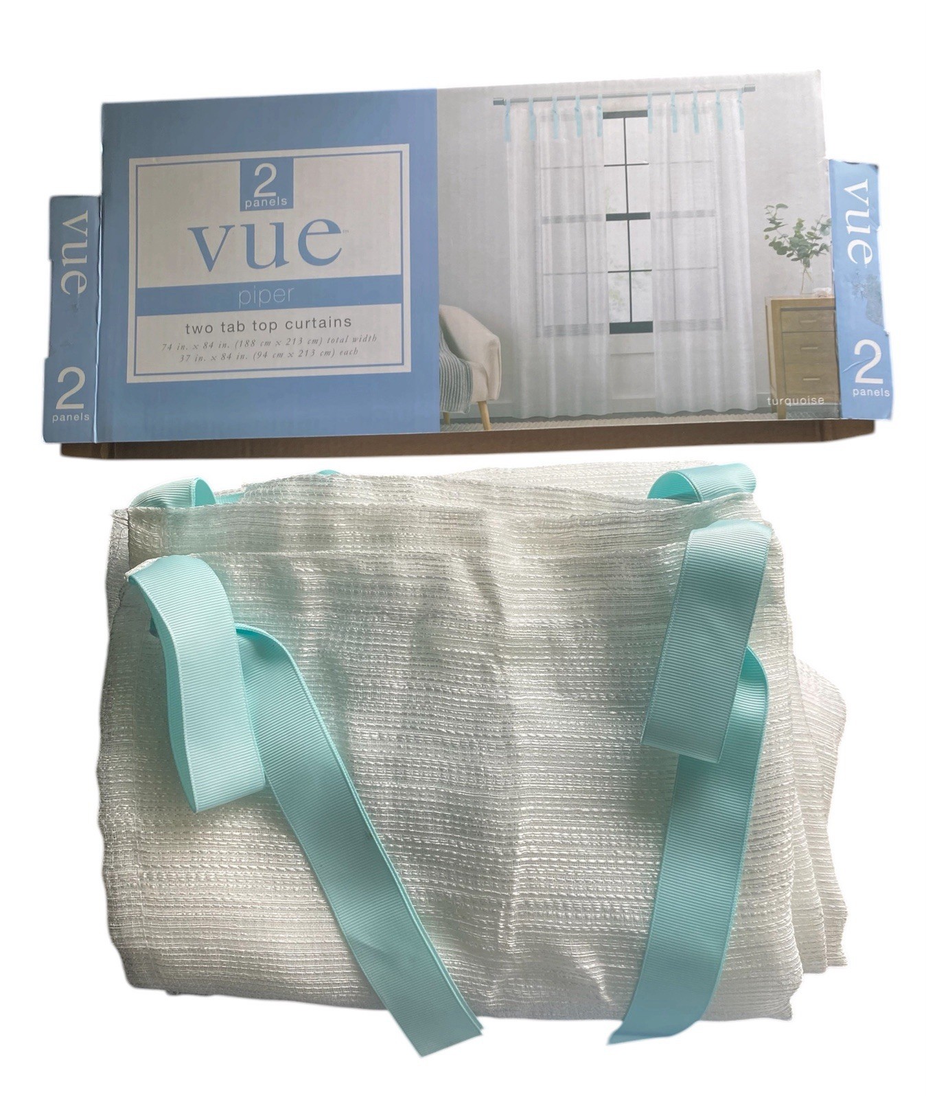 NWT VUE 2 PANELS PIPER TWO TAB TOP SHEER CURTAINS WITH TURQUOISE RIBBON 74X84 IN