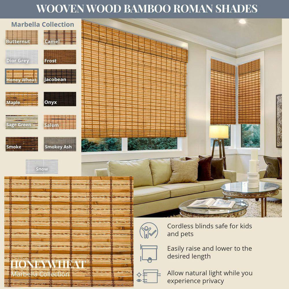Natural Woven Light Filtering Cordless Bamboo Roman Shades for Windows, 44 In. W