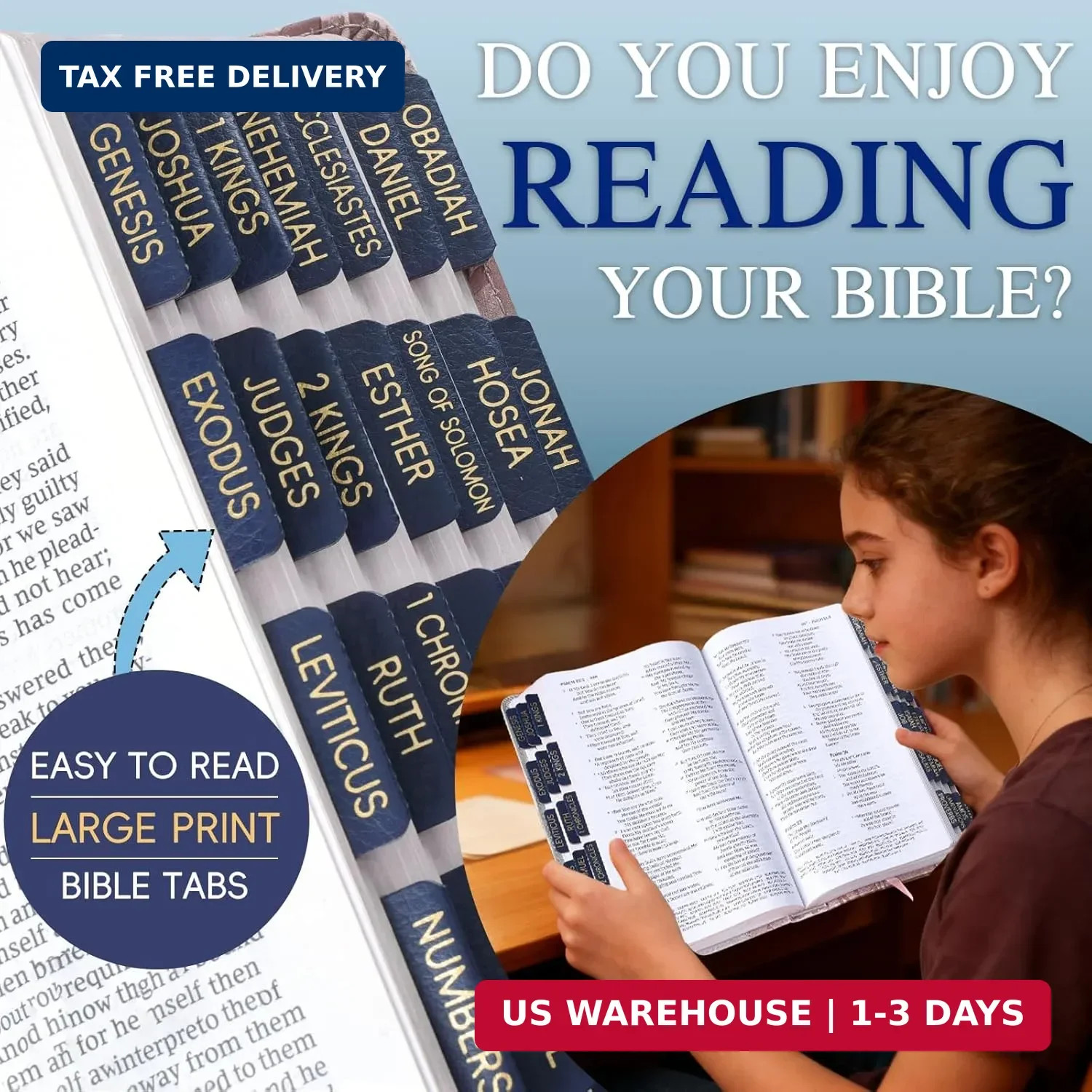 XKDOUS Blue Leather Bible Tabs, Large Print Gold Foil Bible Tabs for Men Women,