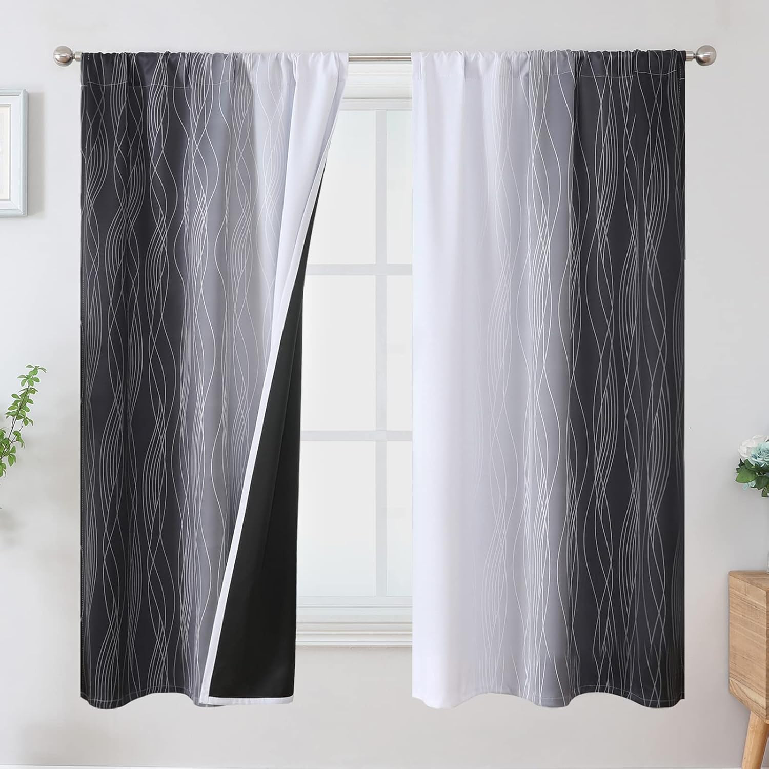 Black and Greyish White Ombre Blackout Curtains 63 Inch Length 2 Panels, Thermal