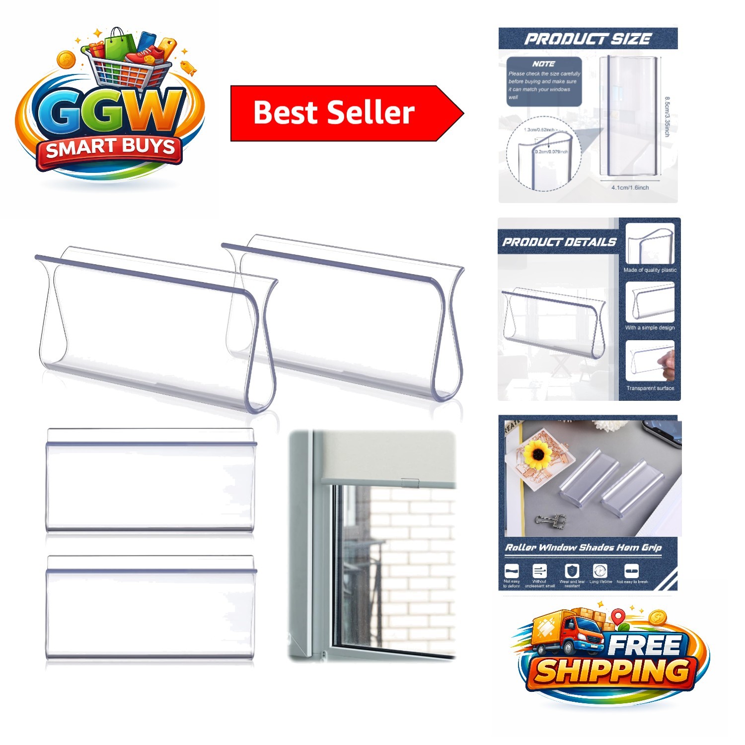 4-Pack Clear Hem Grip Hardware for Pull Down Roller Shades – Easy Installation