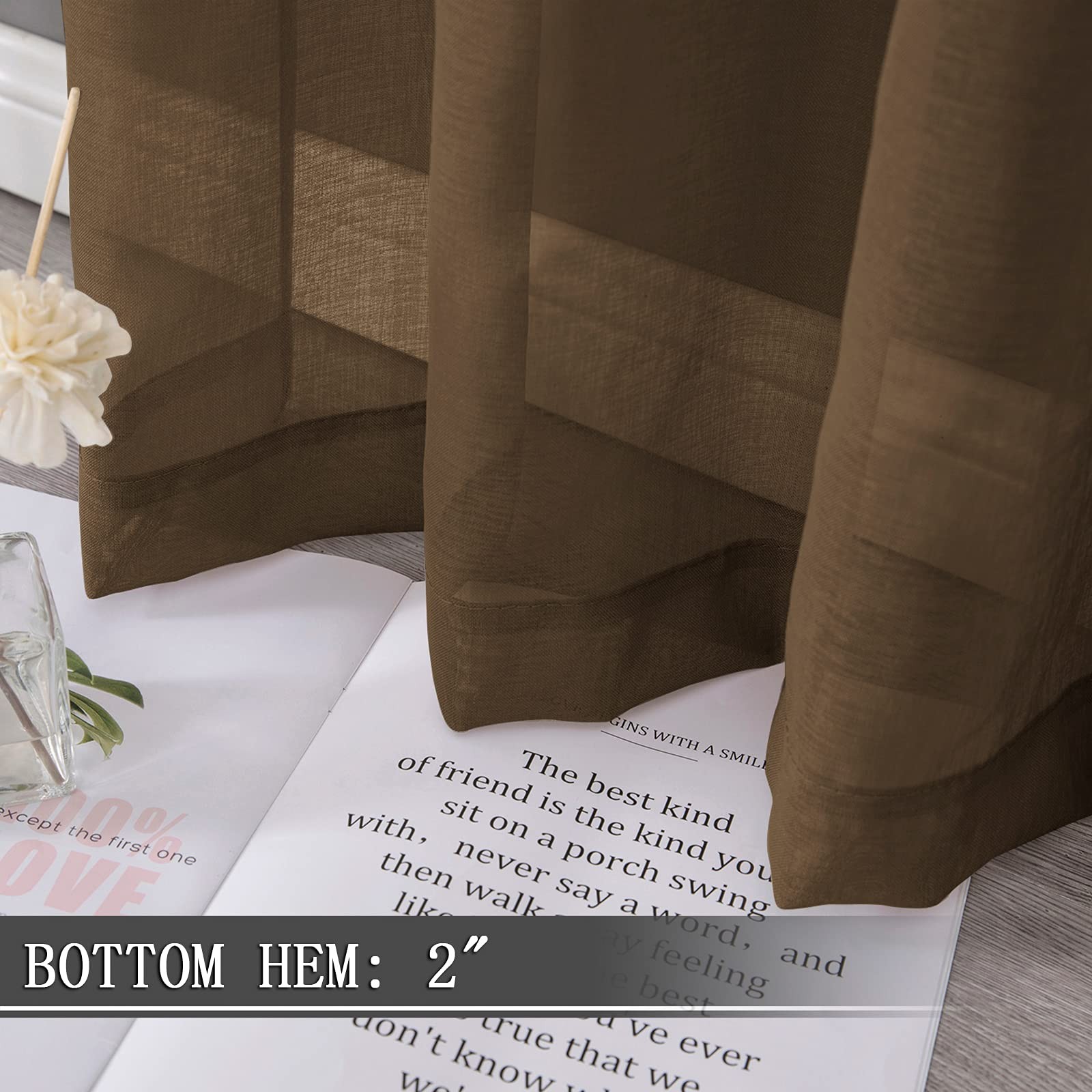 Tollpiz Short Sheer Curtains Linen Textured 54″W x 45″L (Pack of 2), Brown