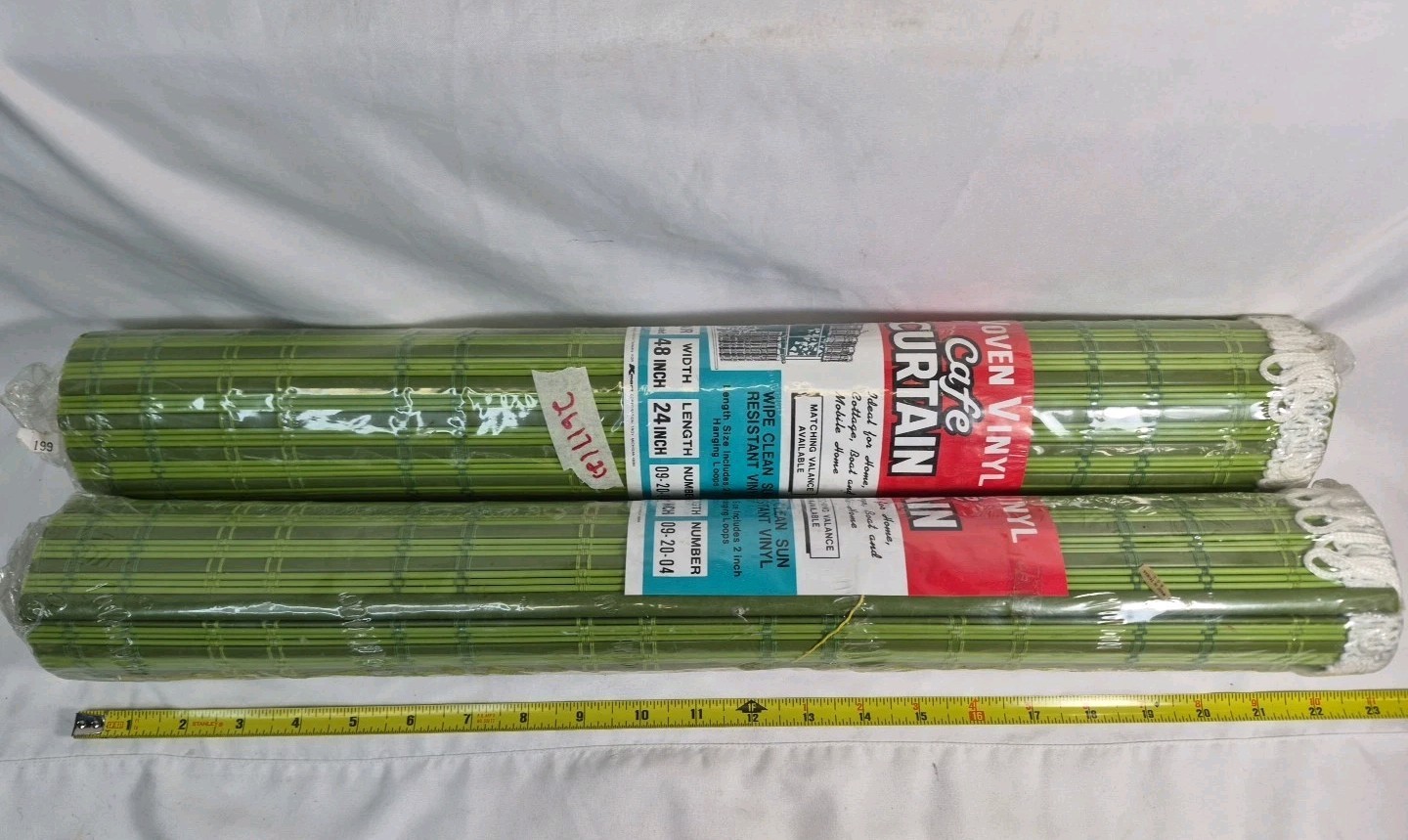 2~ NOS VTG WOVEN VINYL CAFE CURTAINS AVOCADO GREEN 24″L×48″W KMART COTTAGE BOAT