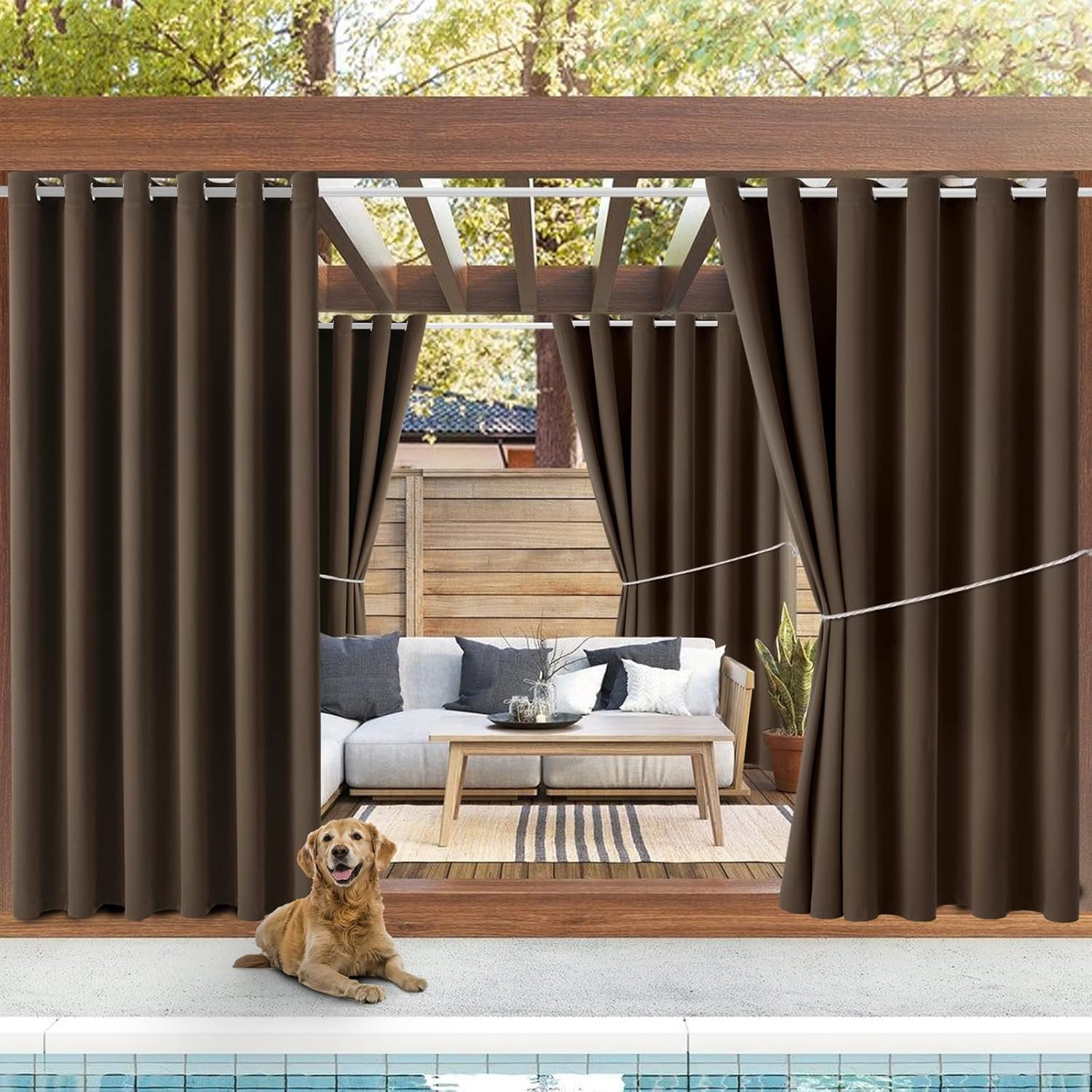 Waterproof Thermal Insulated Outdoor Curtains with Grommets, 2 Panels, Brown