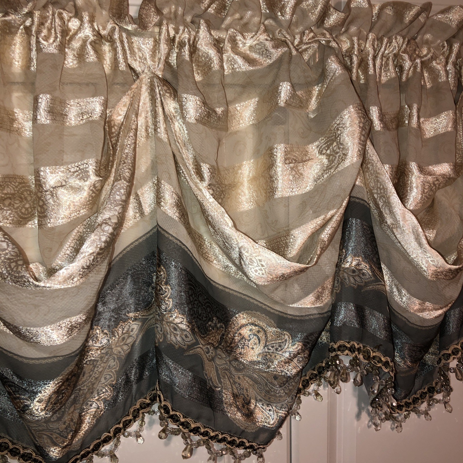 1 Croscill Home Austrian VALANCE BLUE Cream Beaded Semi Sheer 82W x 21 L