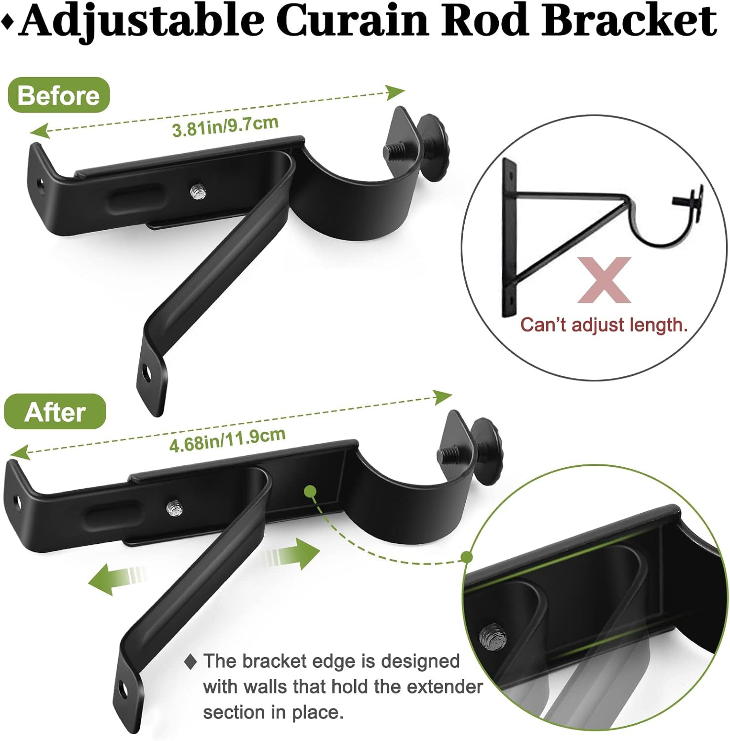 Adjustable Curtain Rod Bracket, Heavy Duty Curtain Rod Holders, Black 6 Pcs Curt