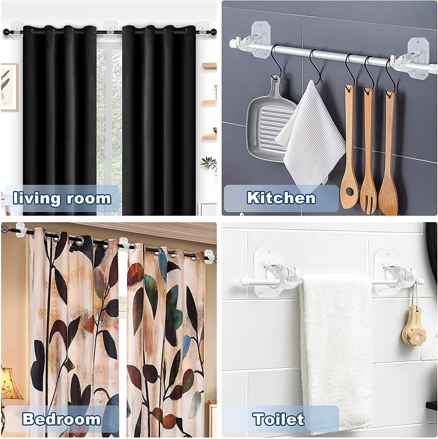 2pcs Nail Free Adjustable Curtain Rod Clip Brackets Self Adhesive Holder Hooks