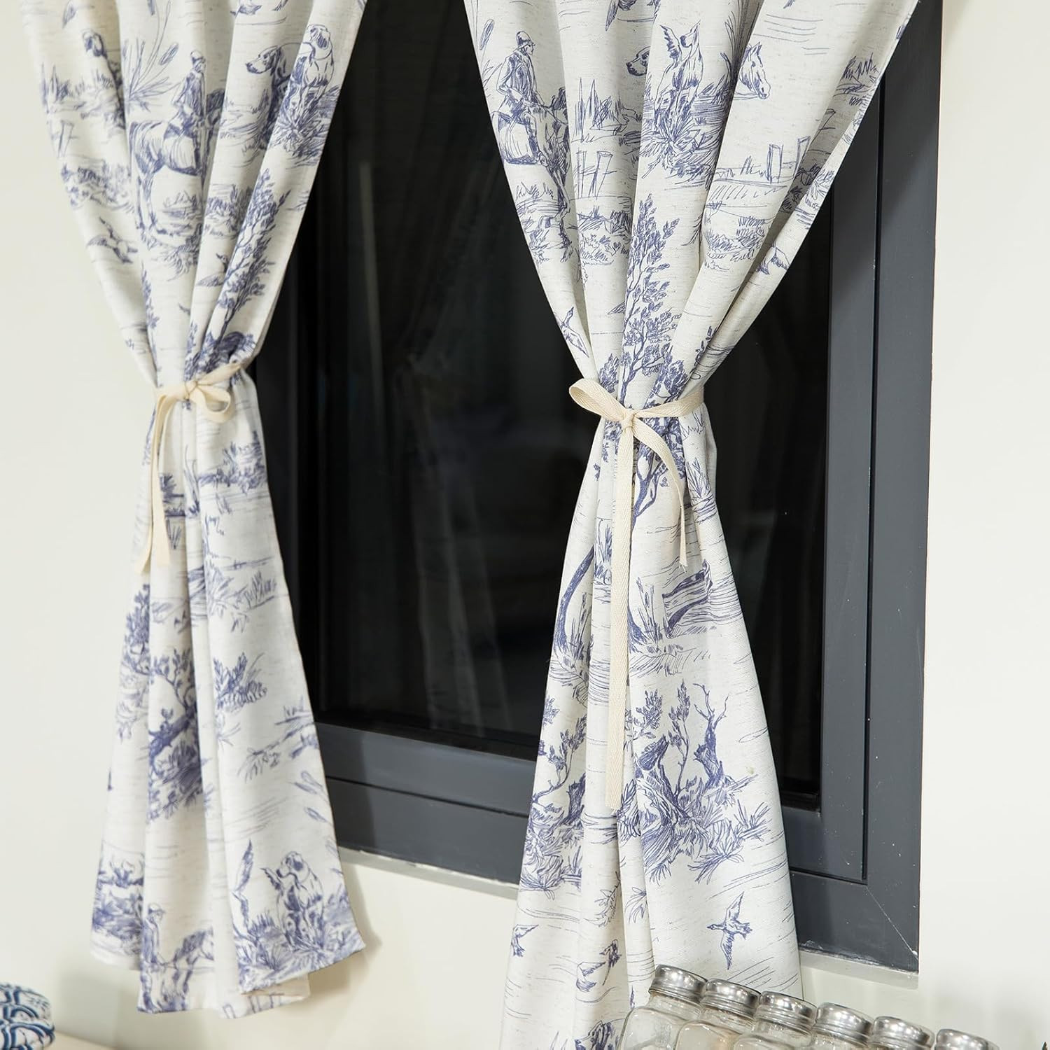 Rustic Kitchen Window Curtain Set of 3 Classic French Village Blue Toile Printed