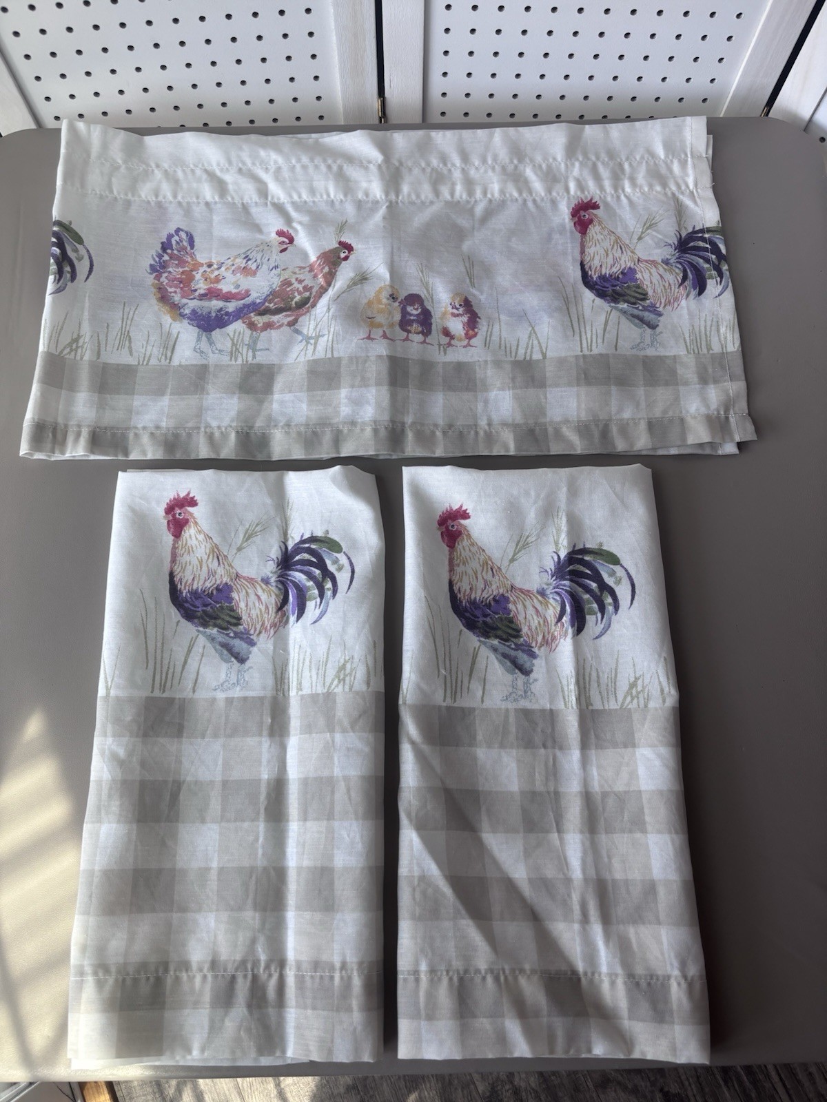 Chicken Rooster Hen Checkered Rustic Farmhouse Tier and Valance Curtain Set