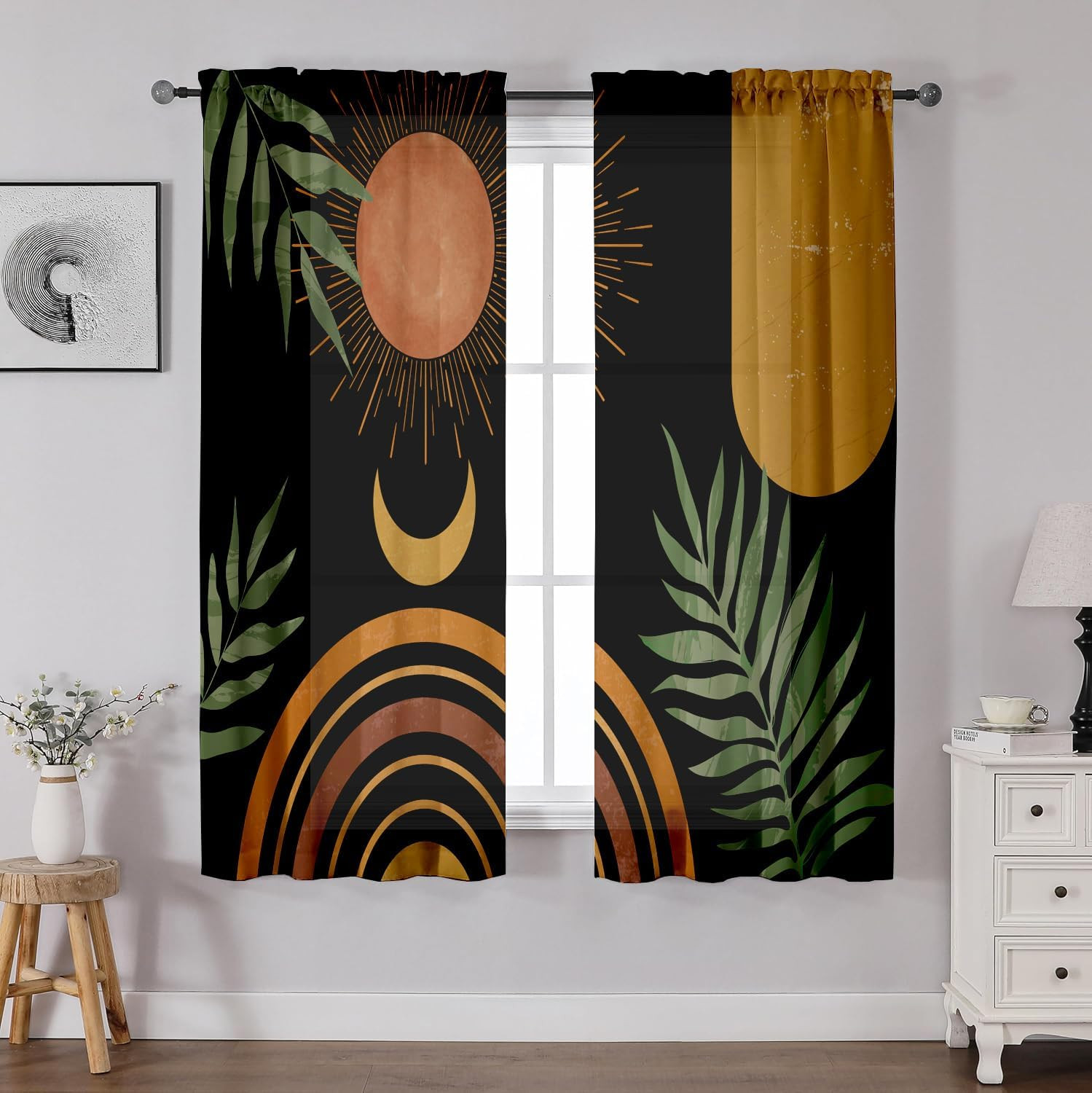Black Boho Curtains 63 Inch Length 2 Panels, Mid Century Modern Curtains Light F