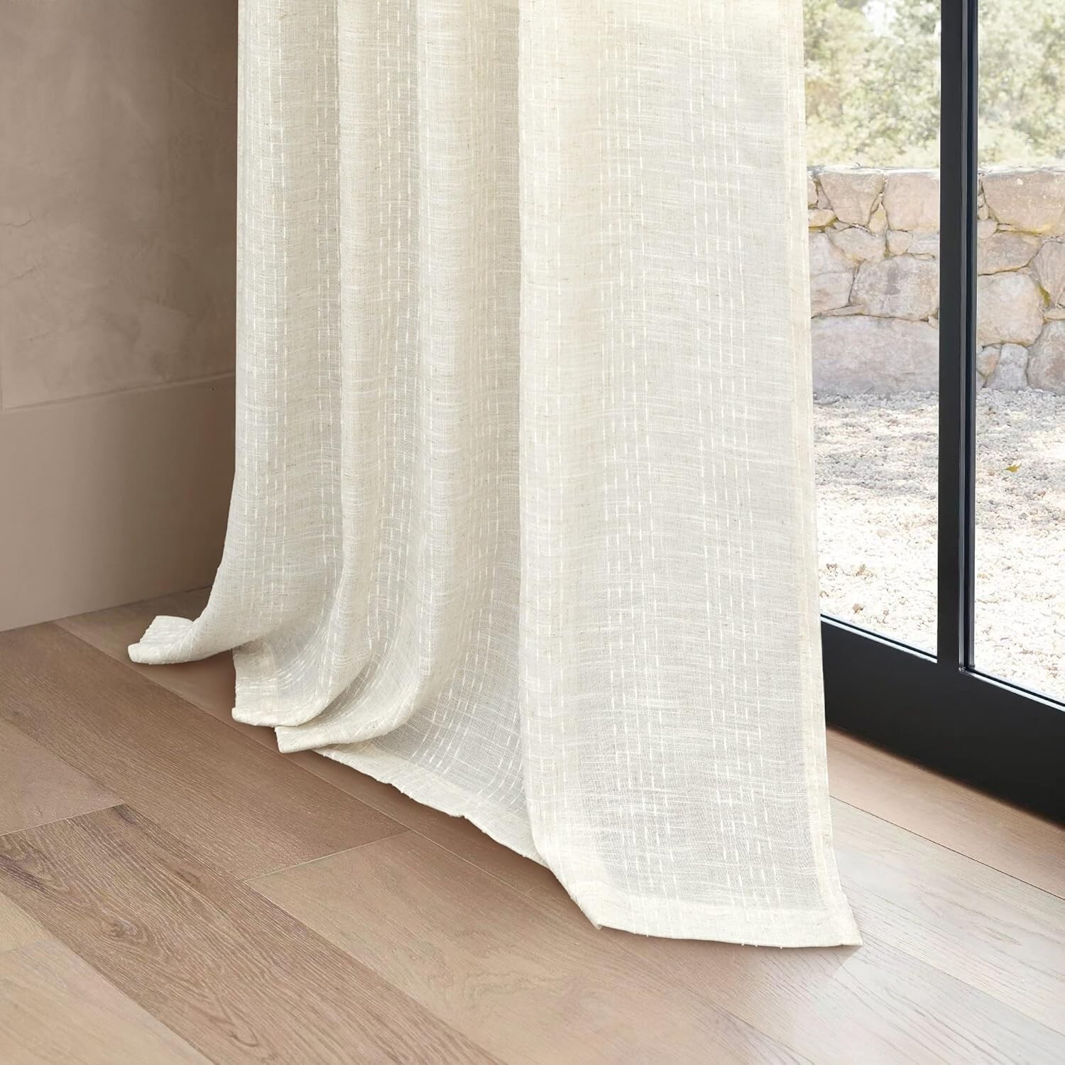 Pitalk 90″ Ivory Linen Embroidered Stripe Curtains ~ 2 Panel ~ Light Filtering