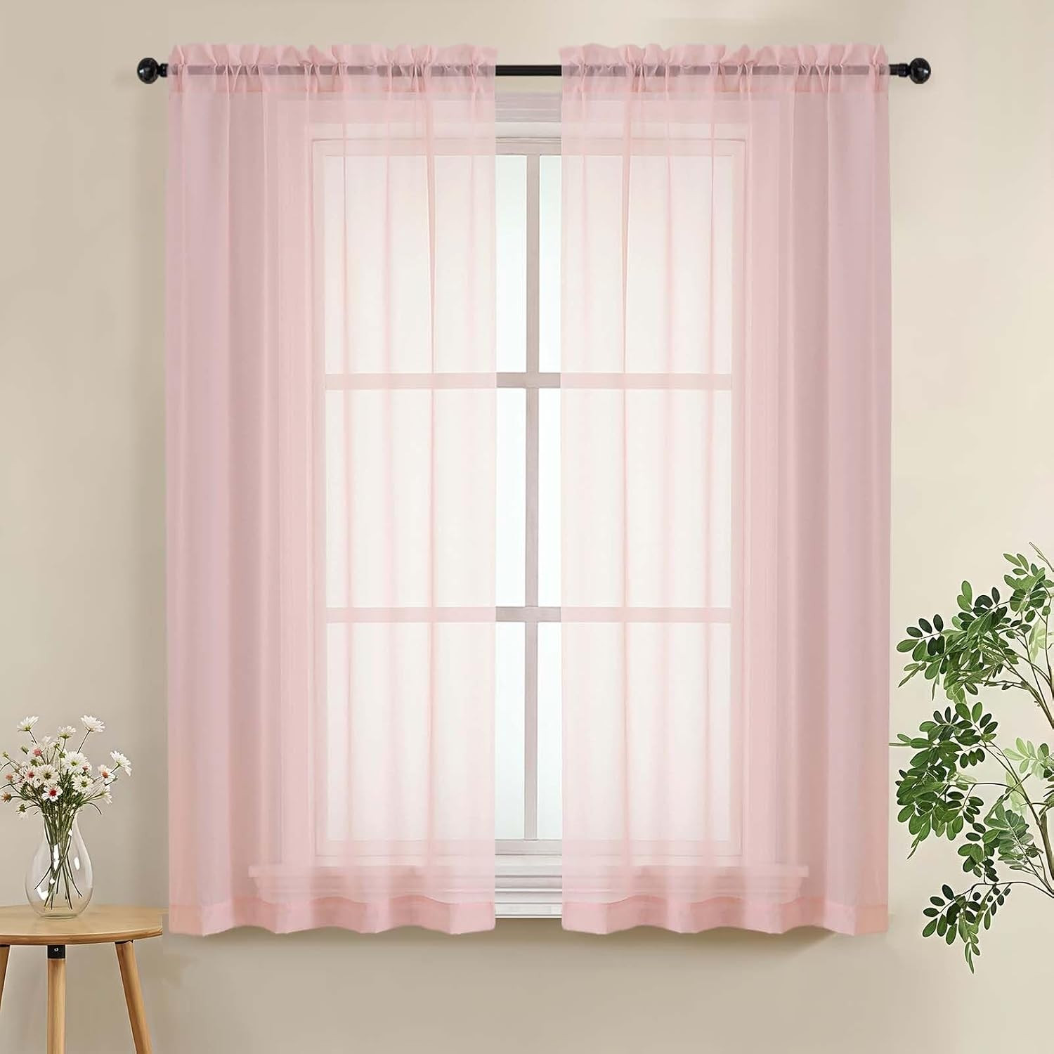 Blush Sheer Curtains 54 Inch Length for Bedroom – Light Filtering Short Curtains