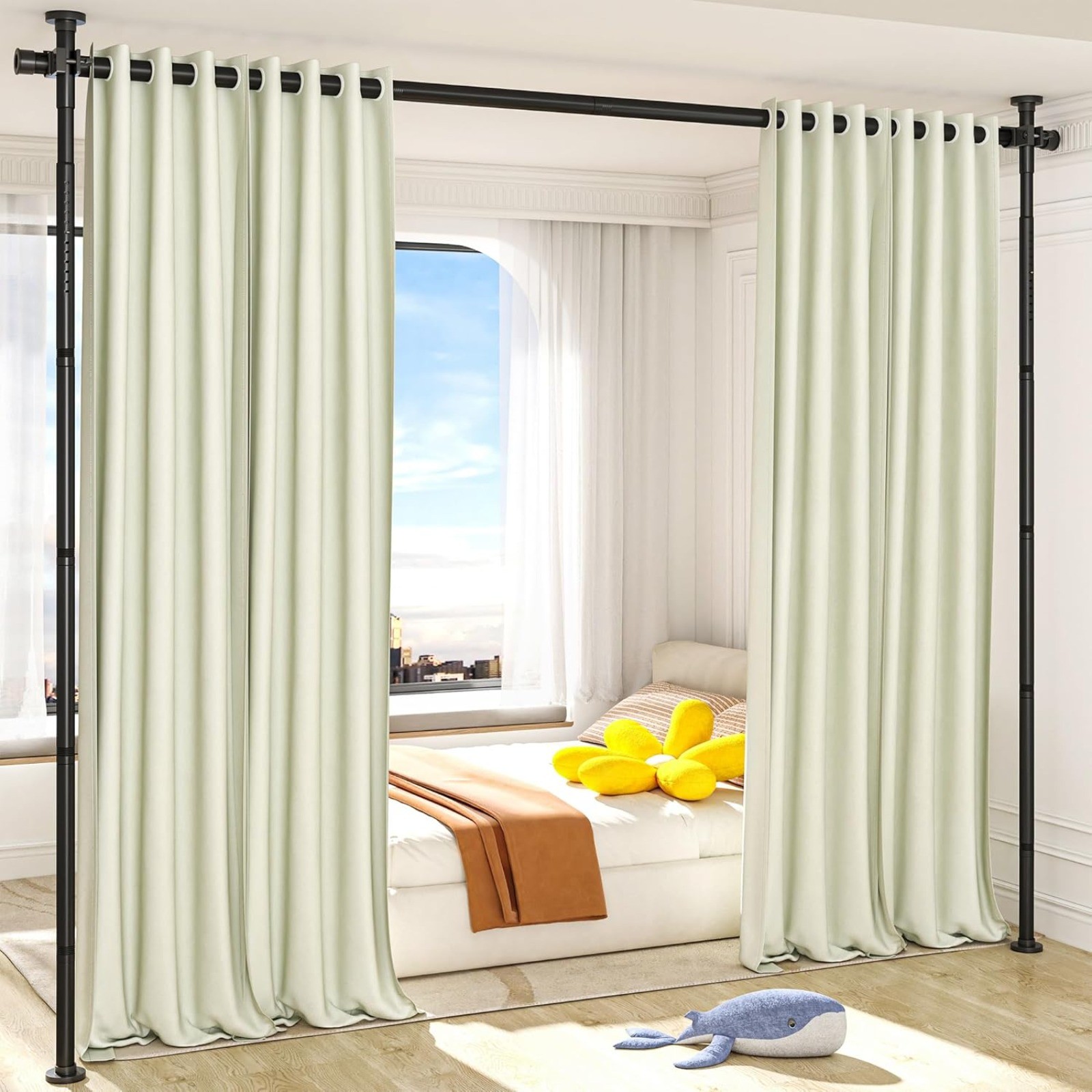 Adjustable Room Divider Curtain Rod No Drilling Tension Rod for Separation Black