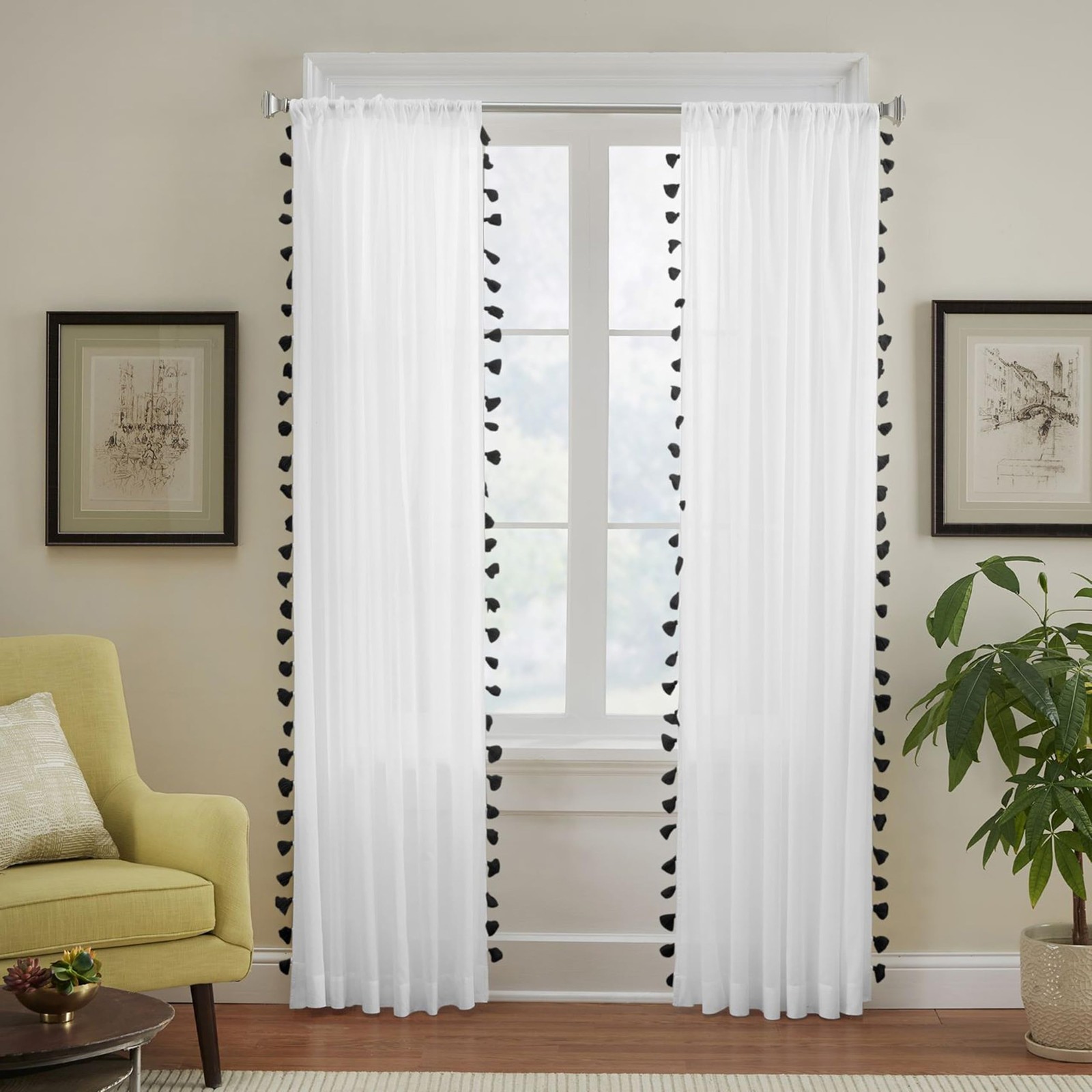 Bianca Semi-Sheer Window Curtain with Tassels, Black – 52″ W x 84″ L