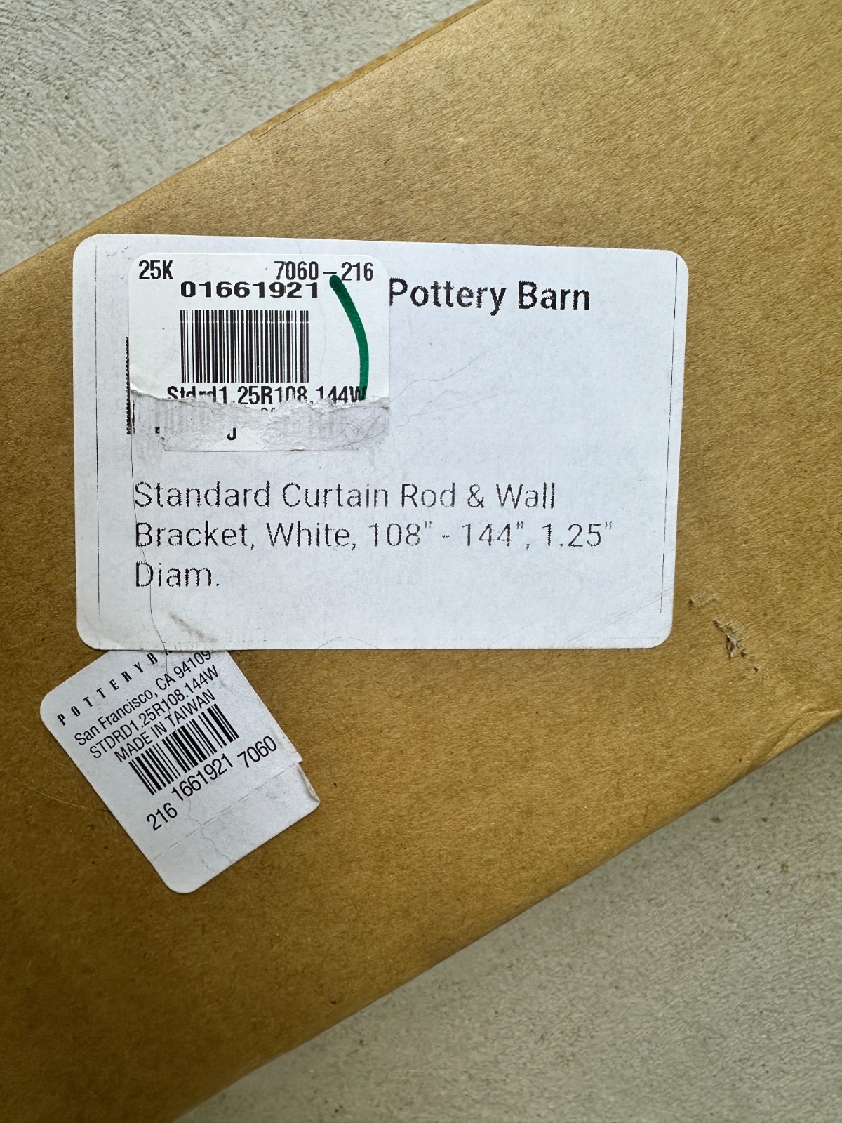 Pottery Barn Standard Curtain Rod & Wall Bracket 108-144″ ~ 1.25″d White NEW