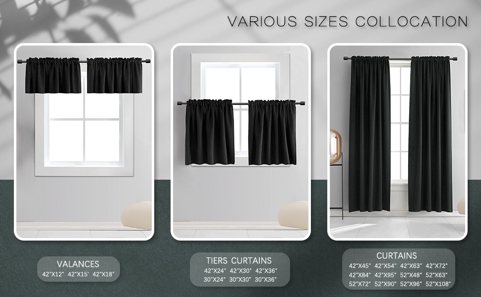 12 Inches Long Black Valances for Windows – 2 Panels Blackout Window Valances