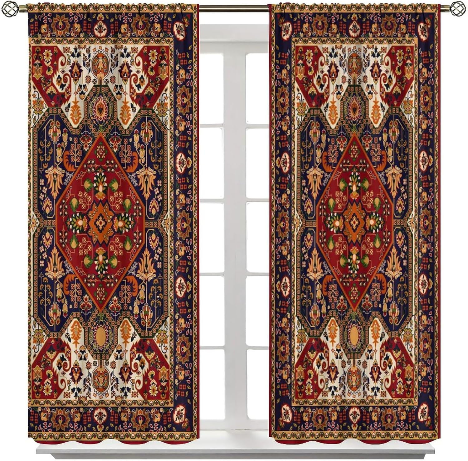 Boho Decor Curtains, Vintage Small Tree Floral Border Bohemian Ethnic Style Colo