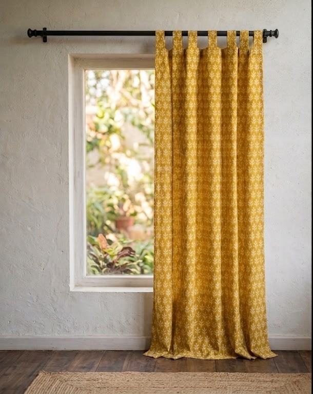 Mustard Boho Curtains, Indian Block Print Cotton Drapes, Floral Farmhouse Window