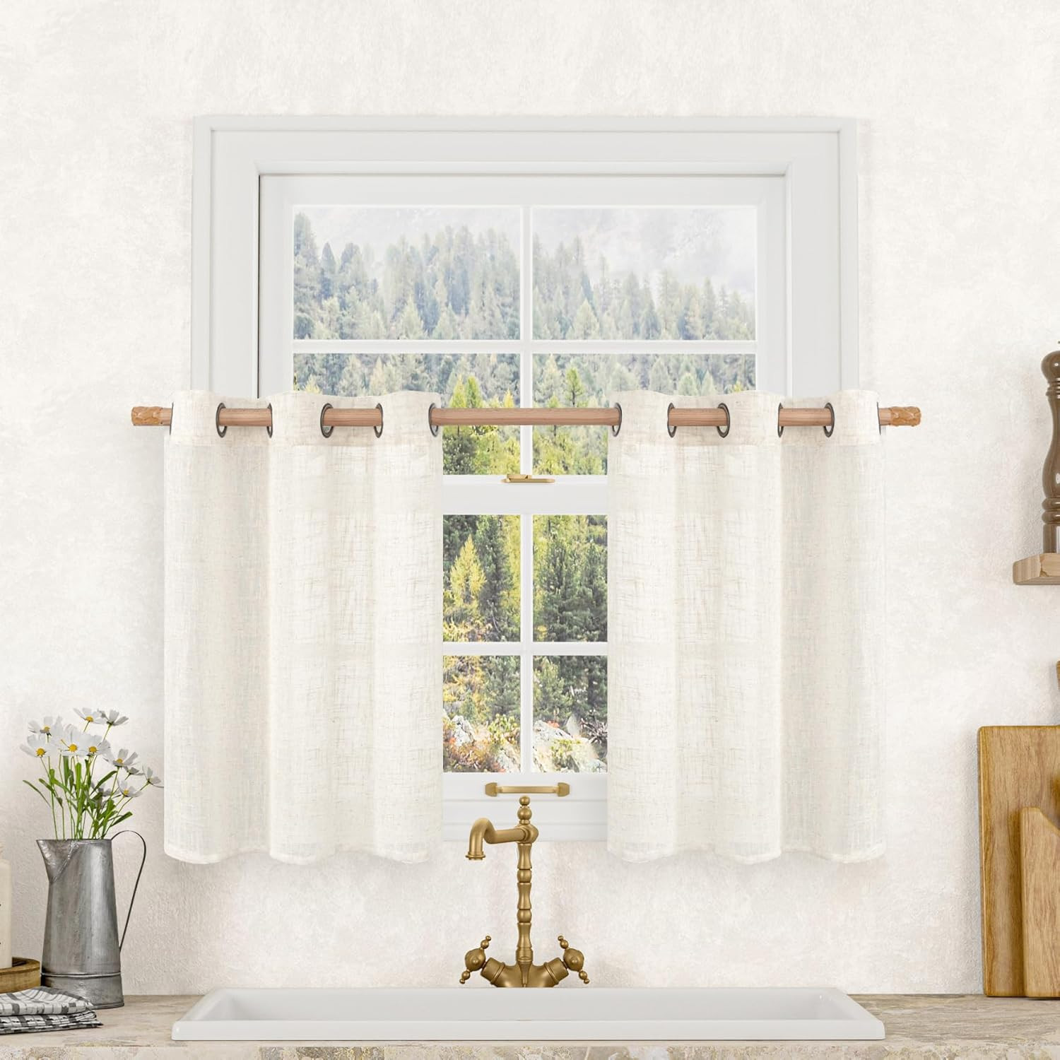 LAMIT Short Sheer Linen Curtains 30 inches Long, Bronze Grommet Linen Drapes Lig