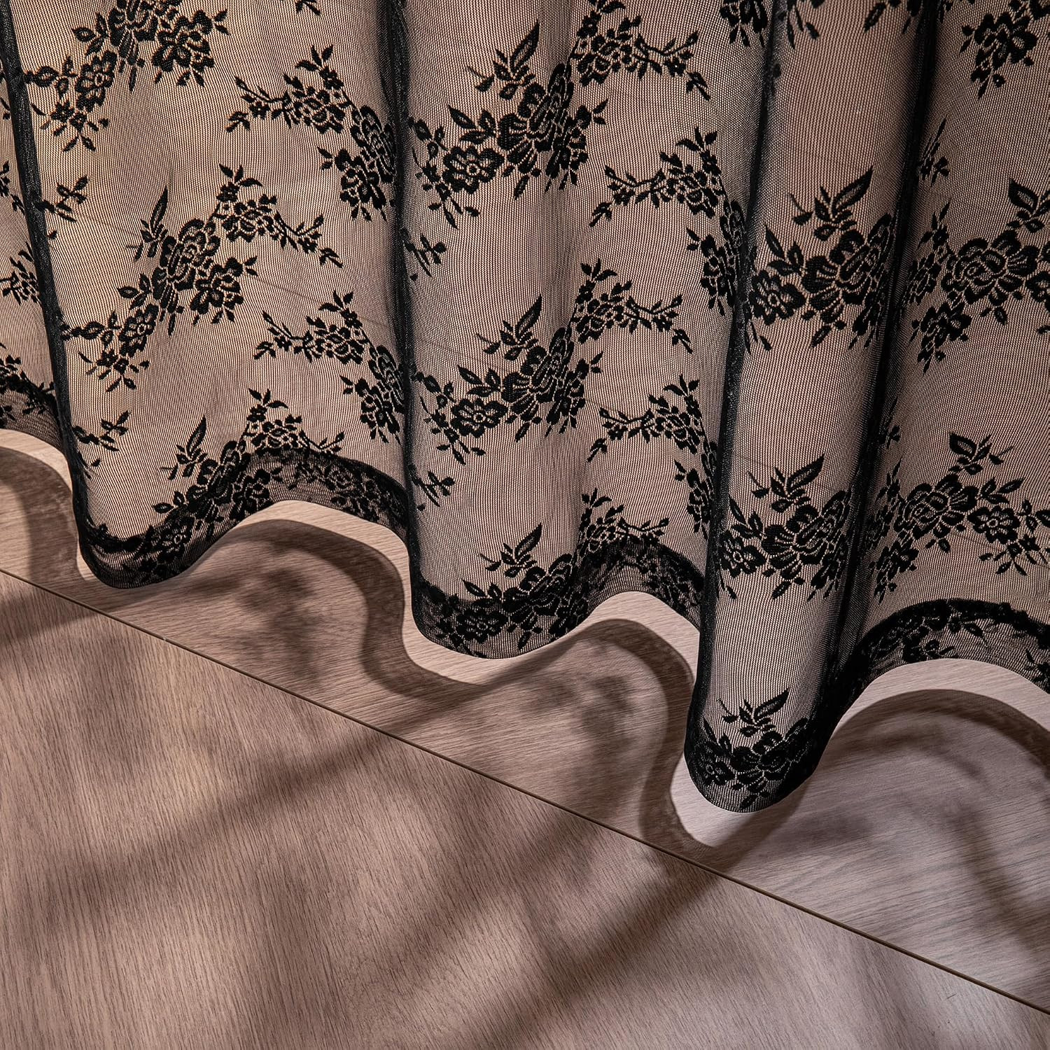 Black Lace Curtains 63 Inch Length 2 Panels Set, Victorian Vintage Gothic Sheer