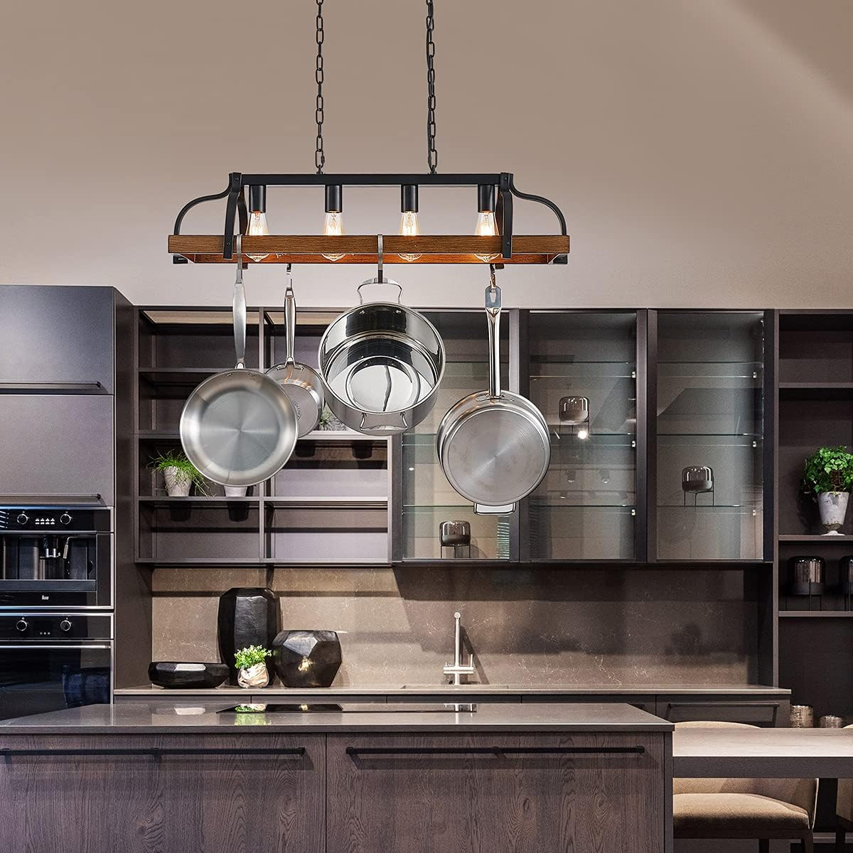 4-Light Metal Pot Hanging Rack Chandelier Imitation Wood Grain Linear Pendant Ce