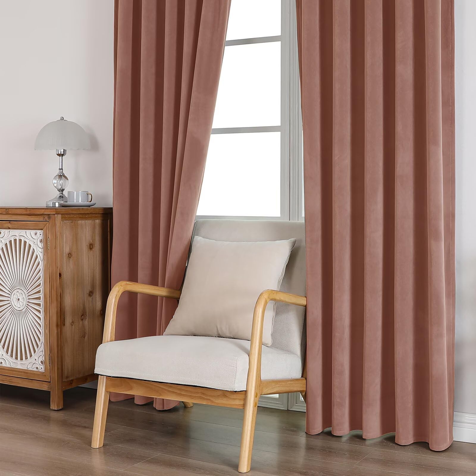 CUCRAF Pink Beige Velvet Blackout Curtains 72 inches Long, Thermal Insulated, No