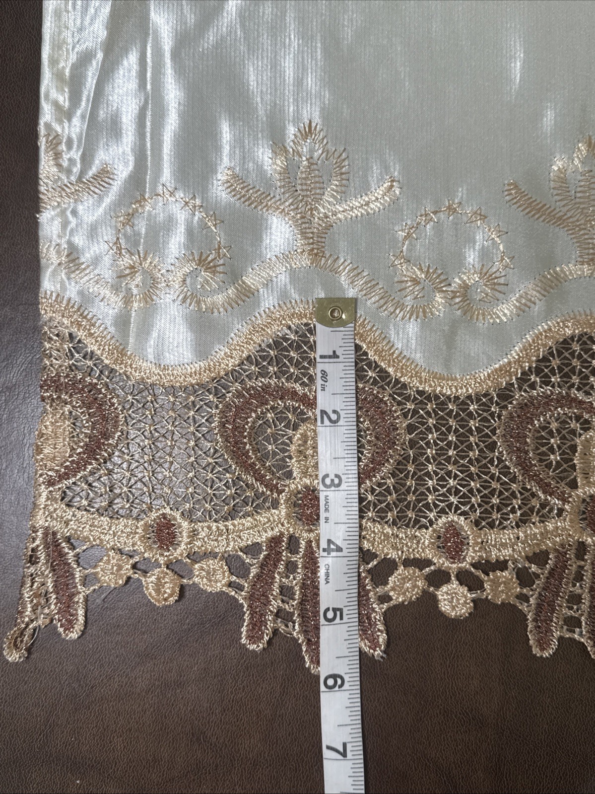 Drapes 2 Panels Beige w/ Attached Valance, Shimmer Satin, Sheer Lace 54 X 87”