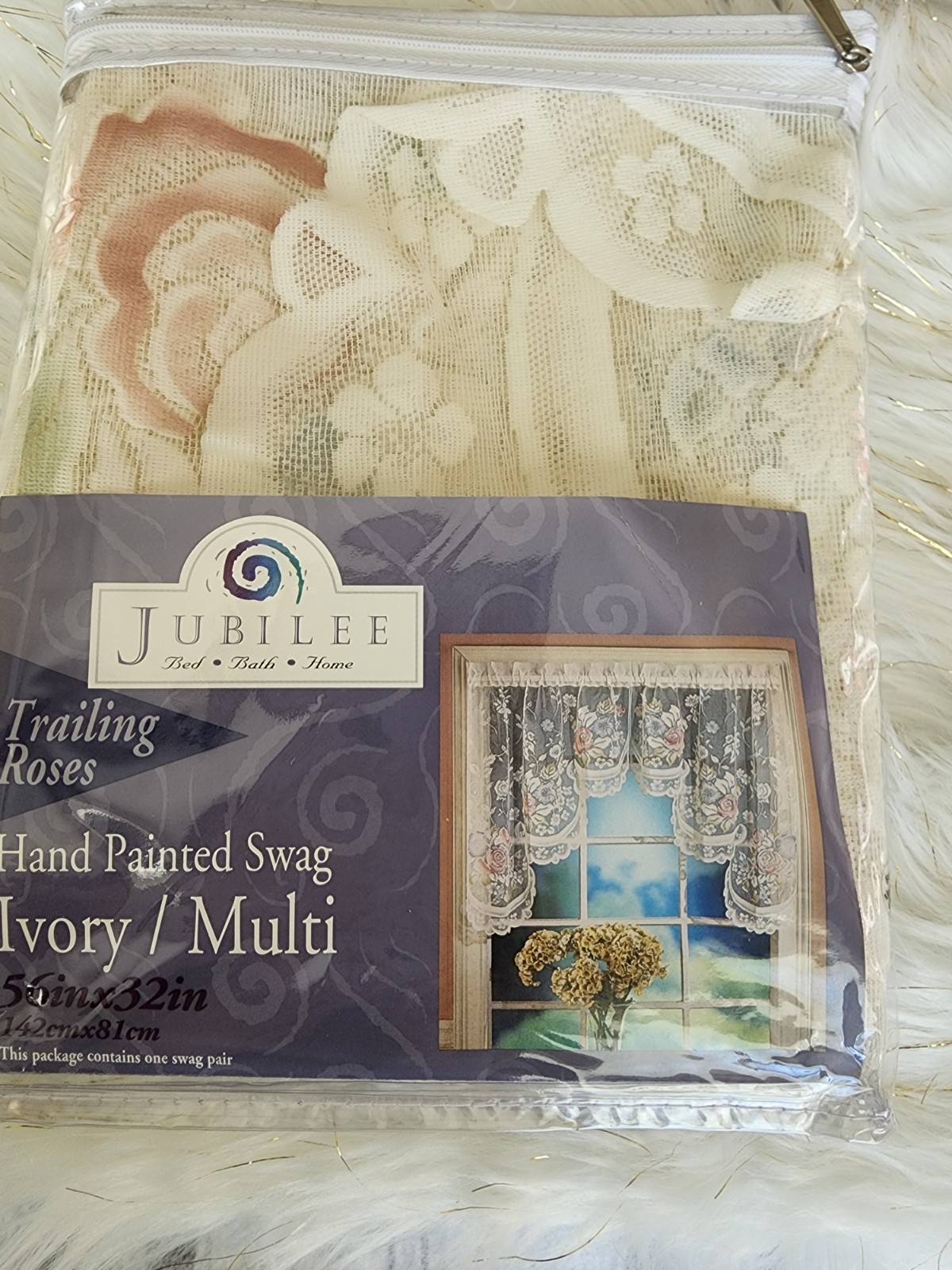 Vintage Hand Painted Swag Ivory Multi Floral Window 56x32in