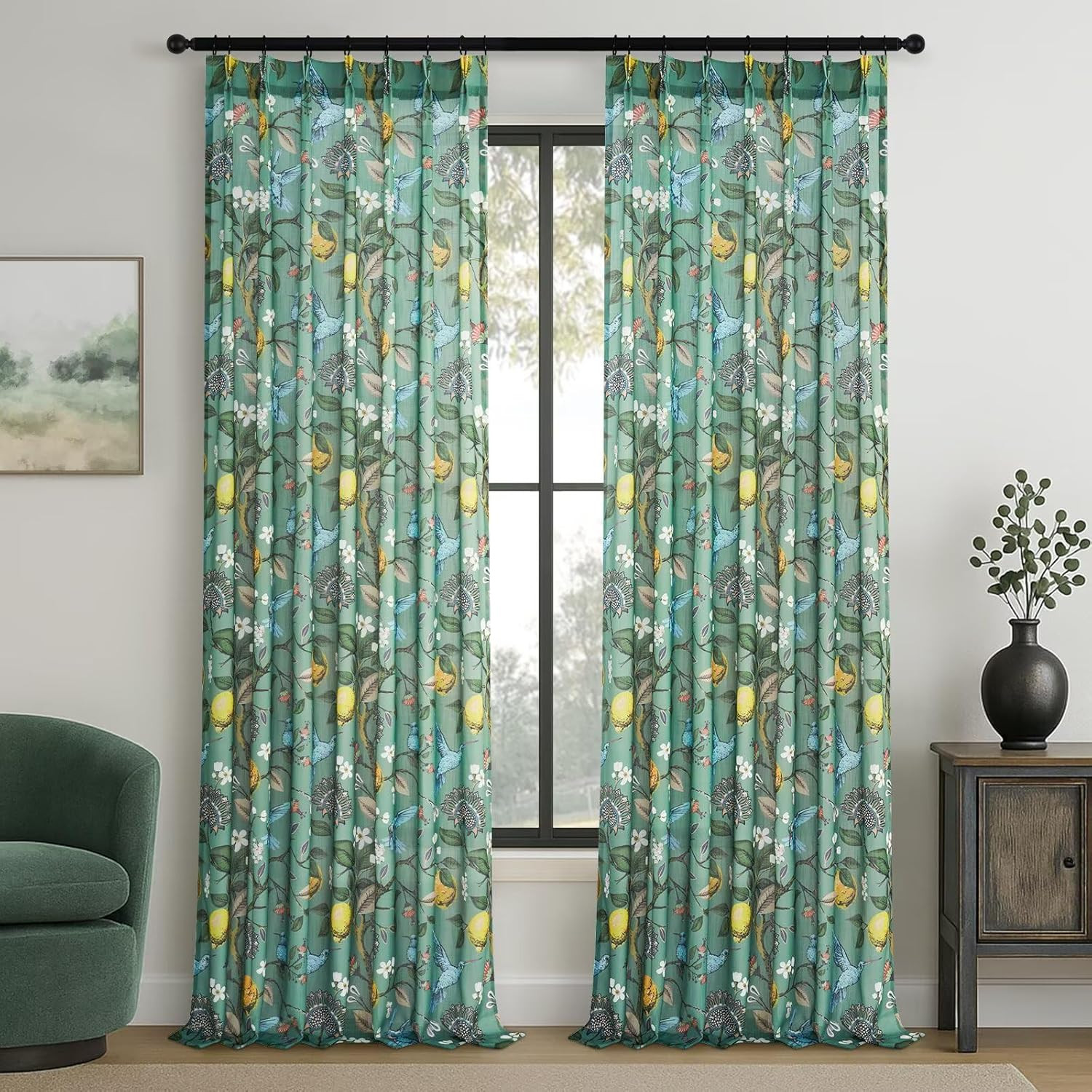 Sage Green Floral Linen Curtains 84 Inch 2 Panels Sheer Drapes Hummingbird