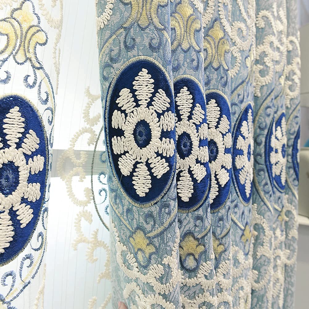 Jacquard Embroidered Curtains for Bedroom Luxury Blue Curtains for Living Roo…