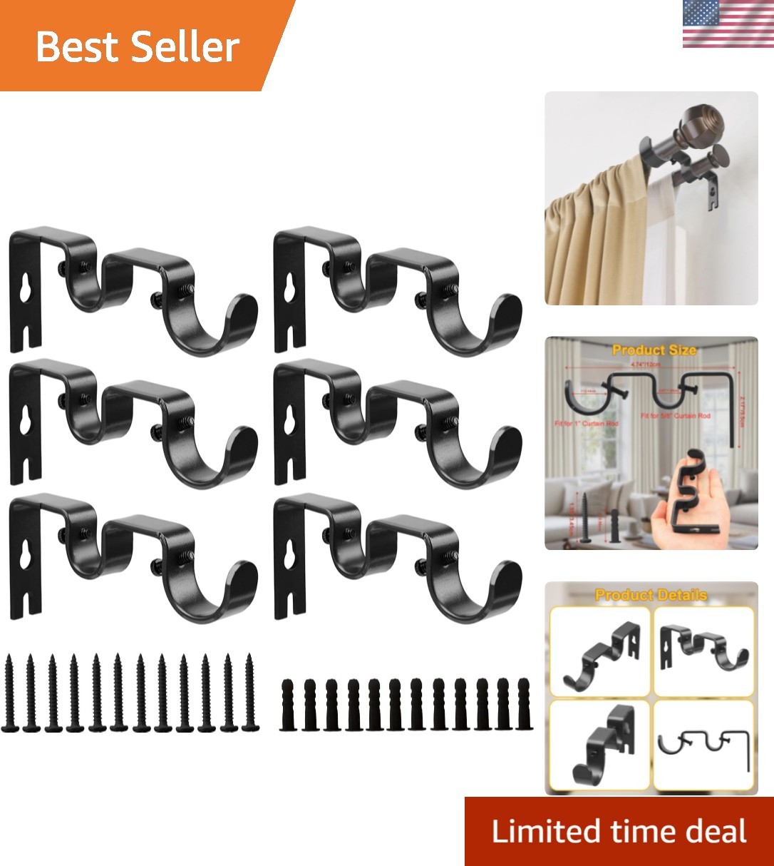 Double Curtain Rod Bracket,6 Pack Metal Curtain Rod Holders for Wall,Sturdy C…