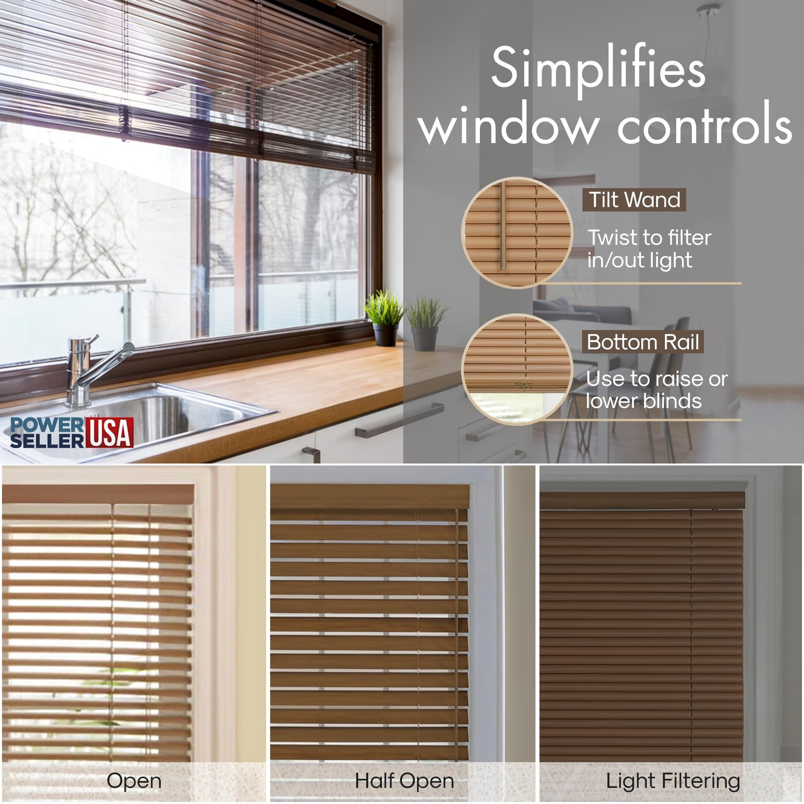 PowerSellerUSA 1″ Slats Cordless Window Blinds, 64L x 35″W x 64″H, Woodtone