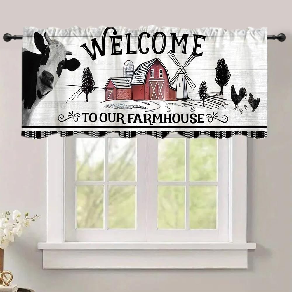54×18 Inches Farmhouse Cow Window Treatment Valance Country Cute Rustic Kitchen