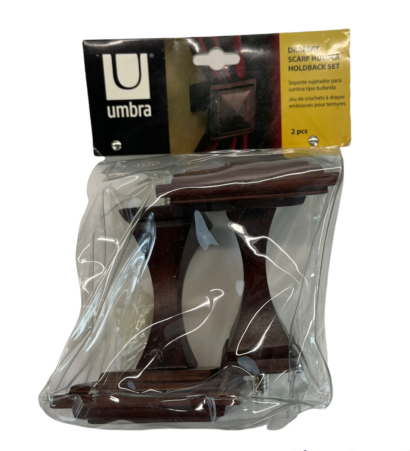 Umbra Dark Brown Walnut Wood Drapery Scarf Holder Holdback Set 2pcs New