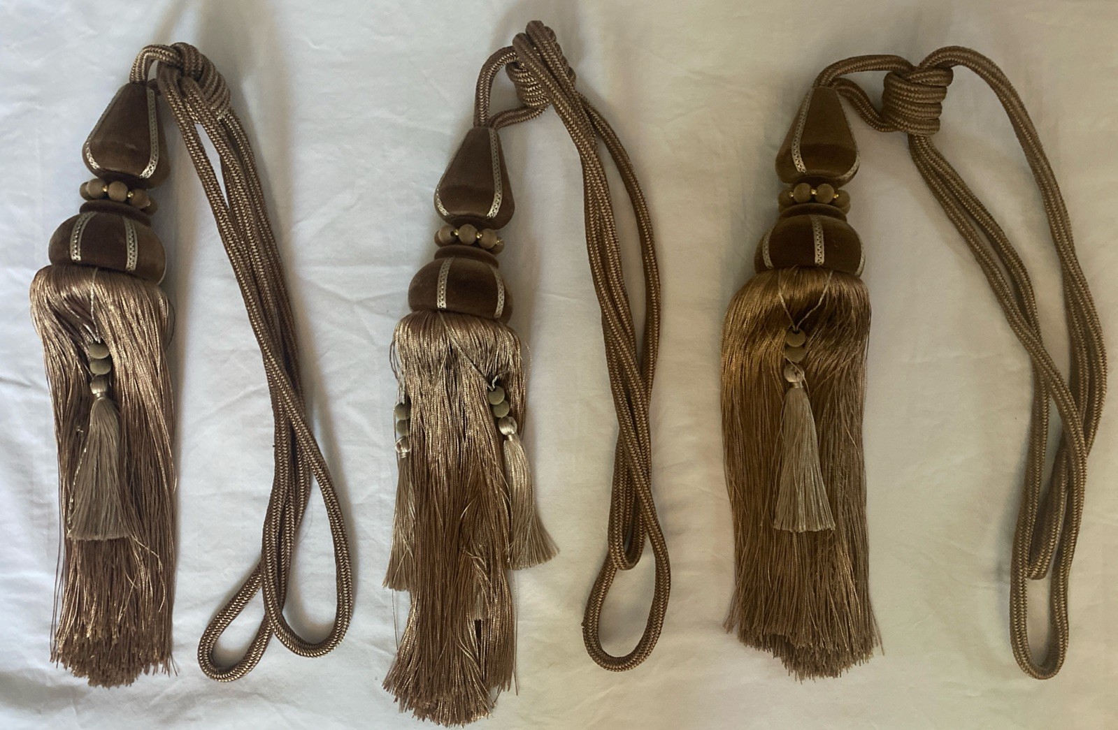 Set Of 3 Fancy Large Curtain Tie Back Velvet & Satin Tassels Gold Neutral Colors