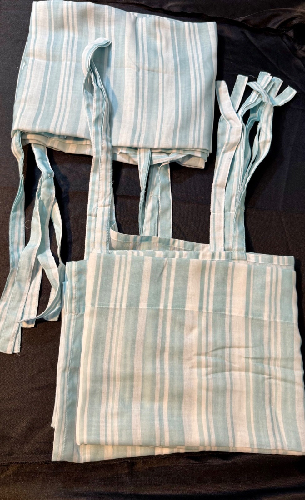 Light Blue And White Striped Tie-Up Window Valance Curtain 2 Panels Farmhouse