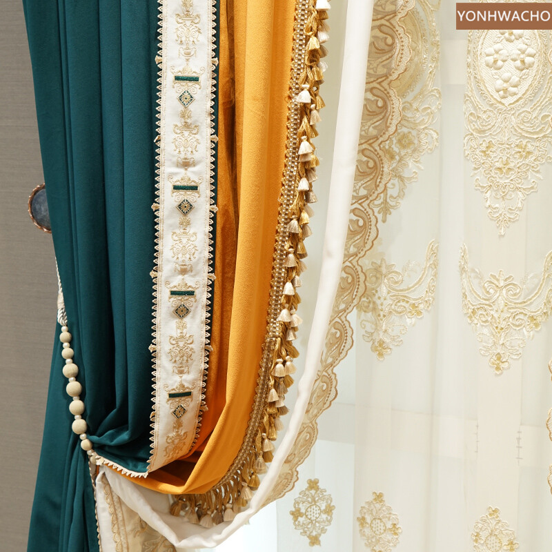 blue stitching orange high-grade thick velvet cloth blackout curtain tulle C617