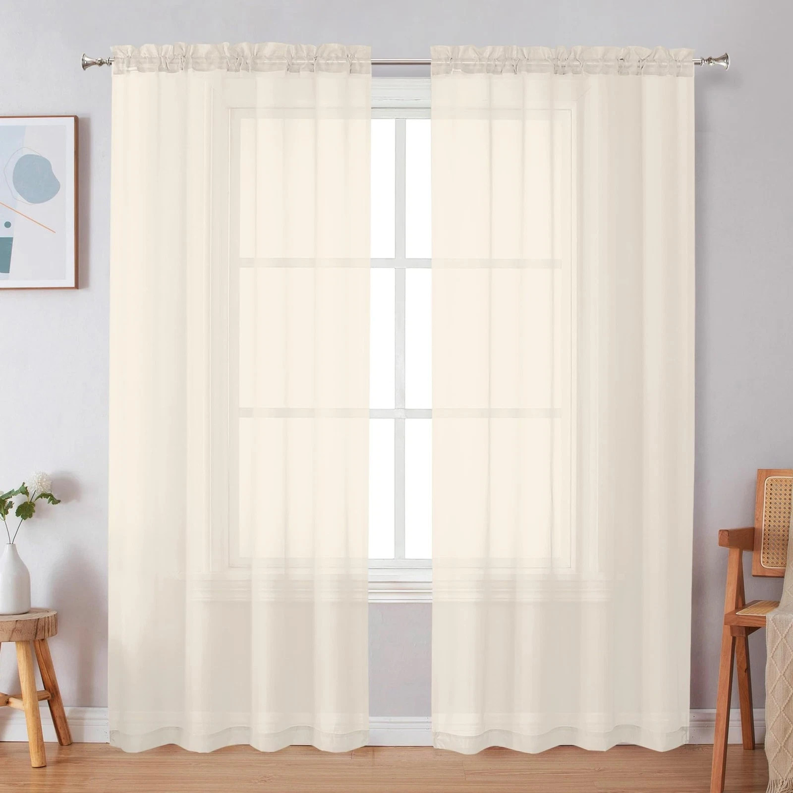 Cream Sheer Curtains set 2 Pack 42×72 In Window Drapery panels New
