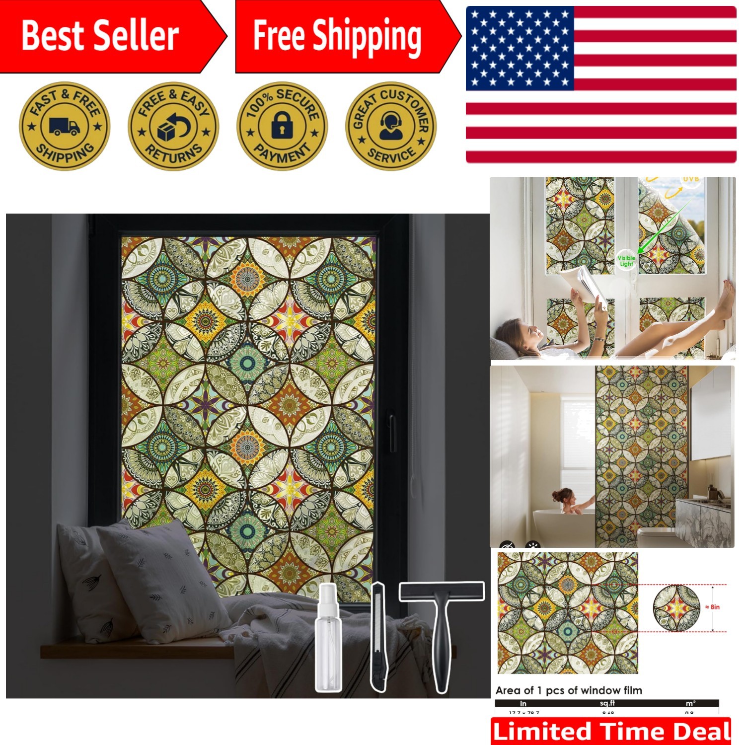 Versatile Vinyl Window Film with Elegant Stained Glass | 98% UV Blocker