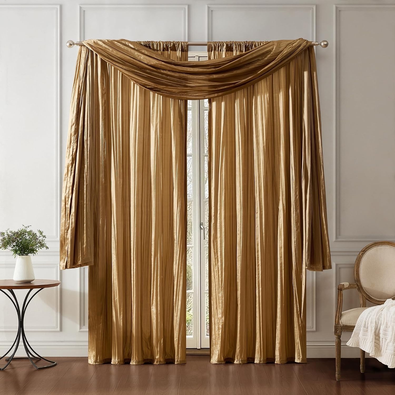 Elrene Home Fashions Athena Faux Crushed-Silk Window Curtain Panel 52×95″ Gold