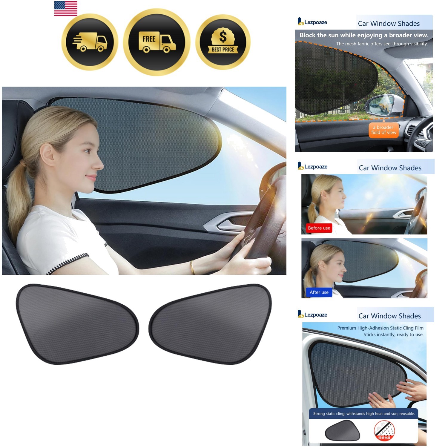 2-Pack Car Window Shades | Mesh Static adsorption Side Window Anti-UV Sunshad…