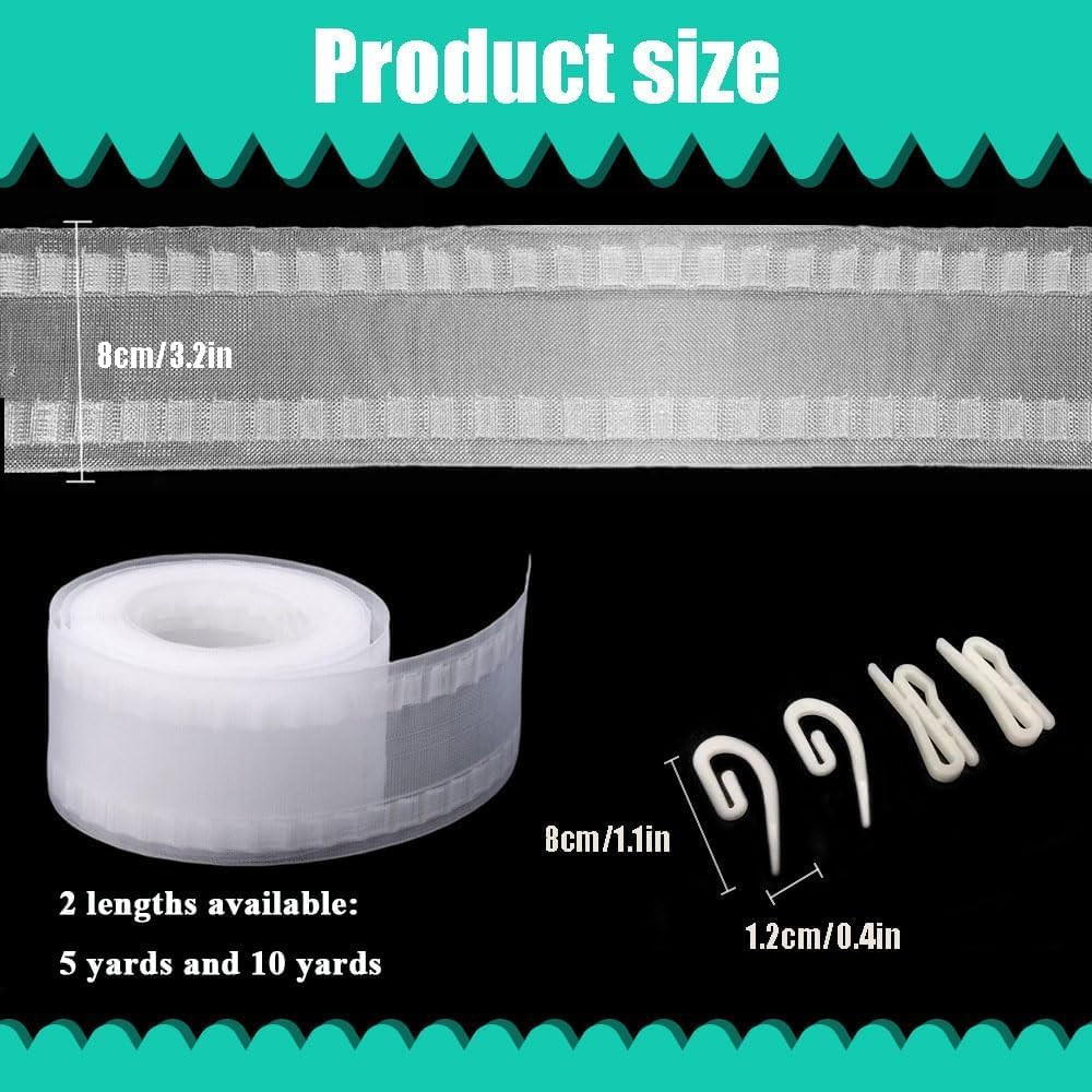 Translucent Wave Curtain Pleat Tape with 100 Hooks, Ripple Fold Tape Nylon Drape