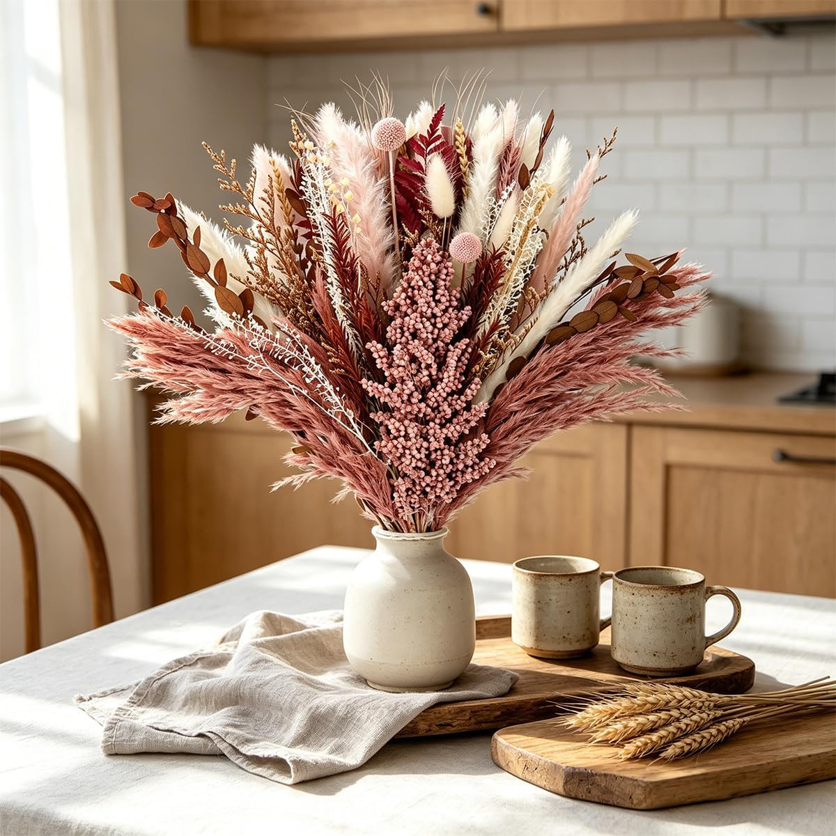 Dusty Rose & Terracotta Dried Pampas Grass Bouquet, Warm Boho Preserved Floral A