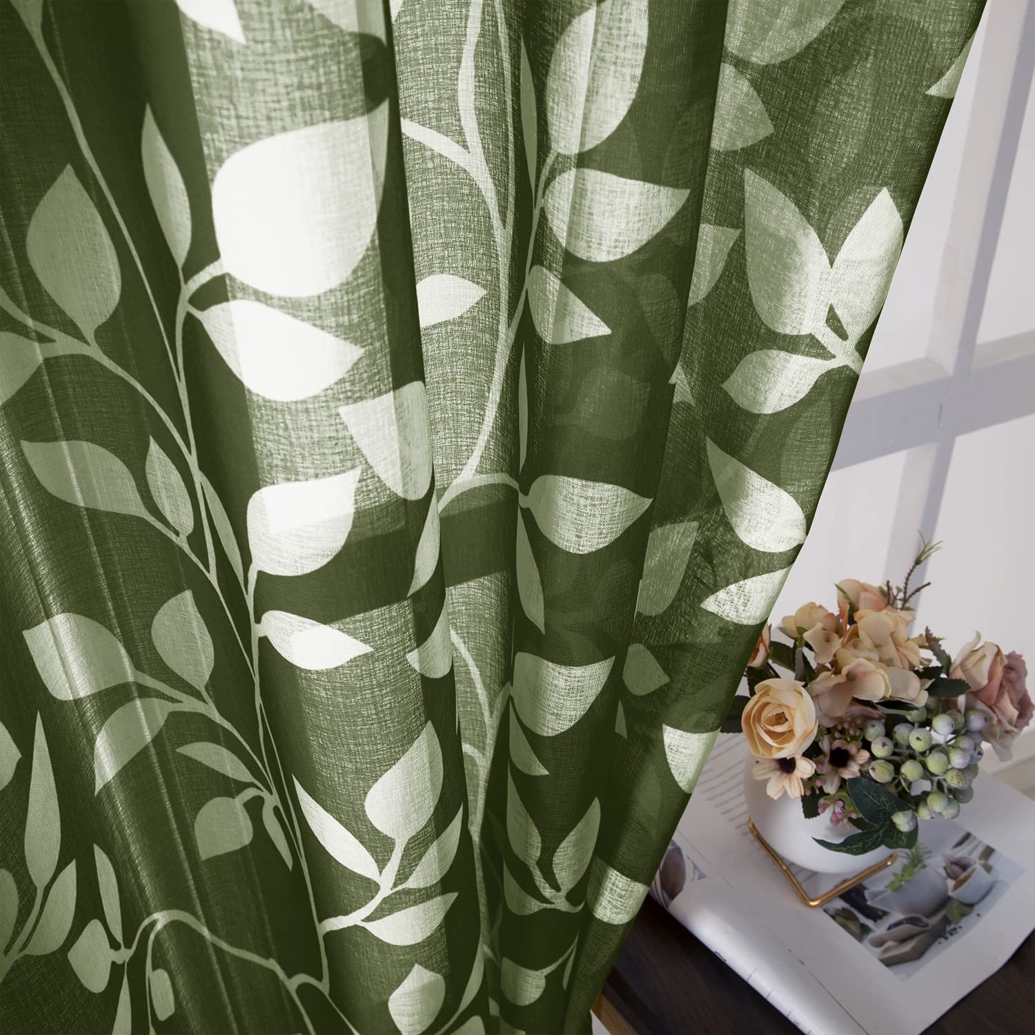 48 Inch Semi Sheer Short Curtains for Windows, Leaf Pattern Grommet Drapes fo…