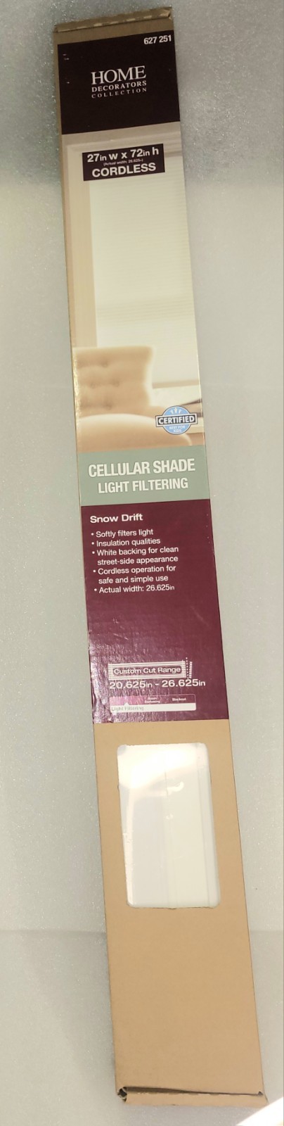 Home Decorators Snow Drift Cordless Light Filtering Cellular Shades 27 x 72 NEW