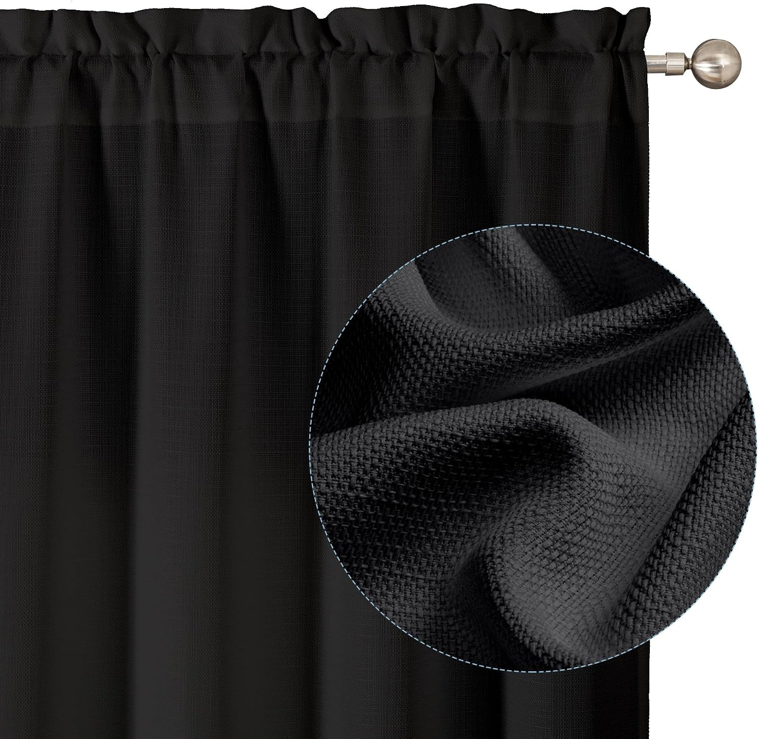 Black Curtains 63 Inch Length 2 Panels, Faux Linen Textured Semi Sheer ..
