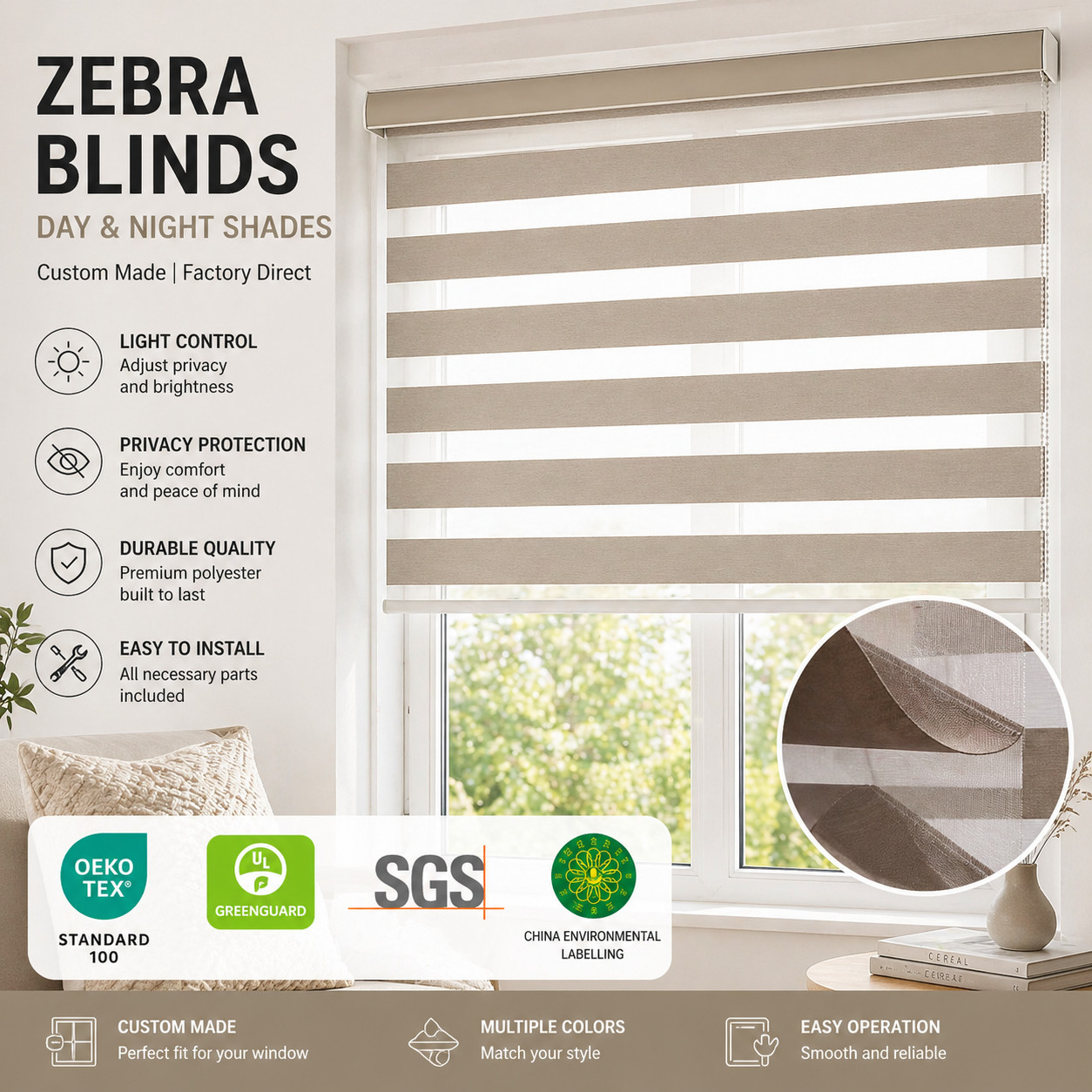 Custom Zebra Blinds for Windows–Day&Night Shade–Made to Measure Factory Direct