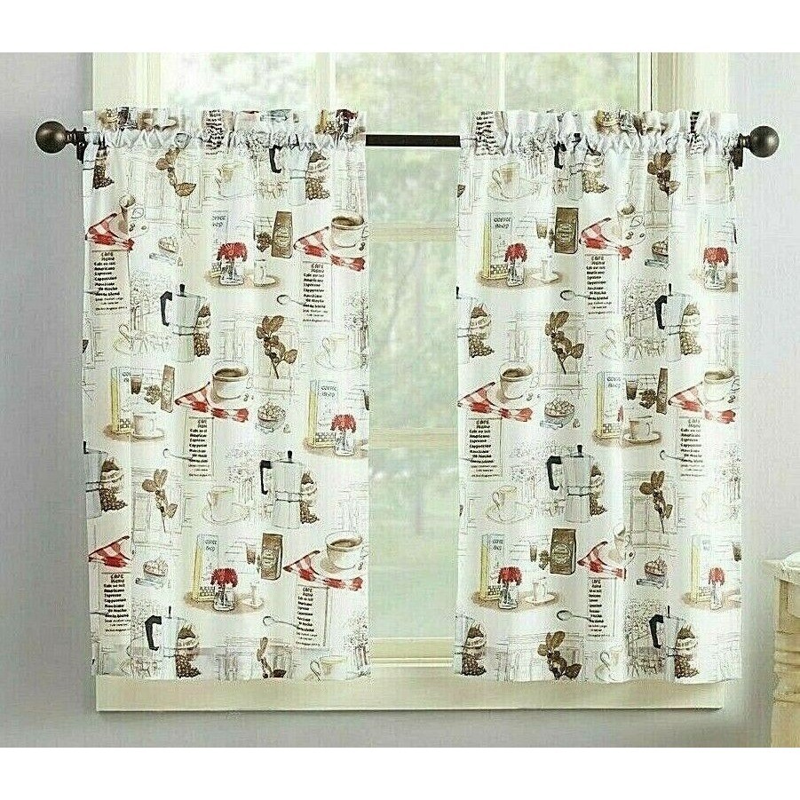 Coffee Shop Valance Tier Kitchen Curtain Set White Brown 54 x 36-in 3-pc NEW
